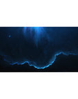 Cosmic midnight space desk pad 40x20 inches with swirling navy clouds, neon-blue rim, and tiny stars.