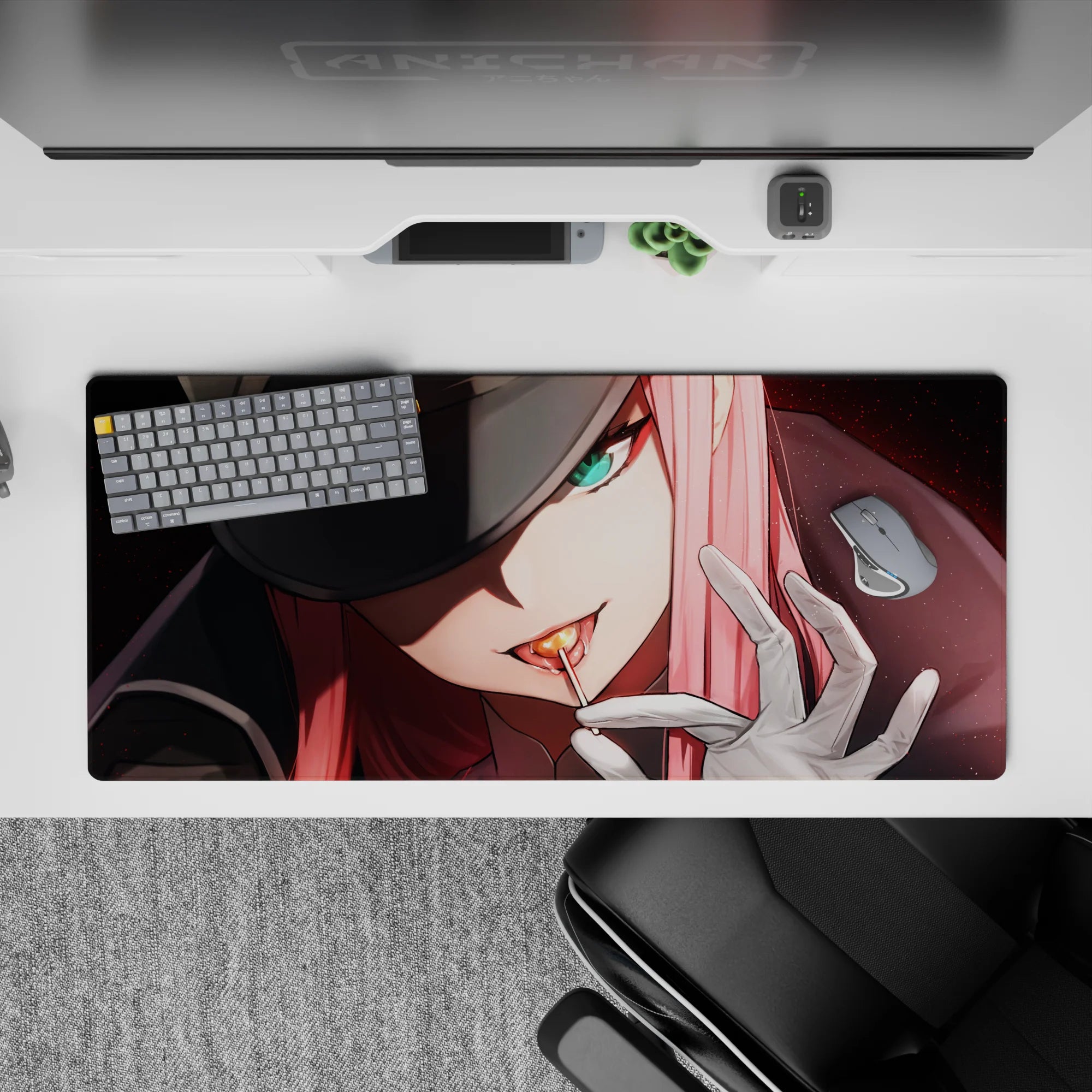 36x16 inches mouse pad with Zero Two design, featuring her piercing gaze and glowing intensity for a fierce, dominating look.