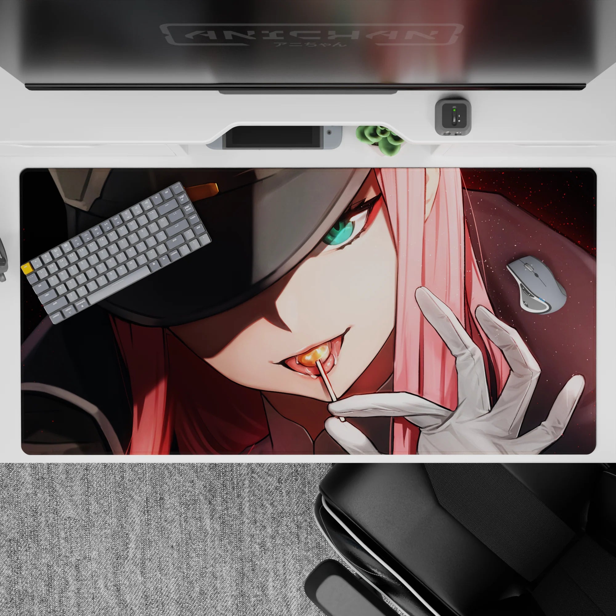 40x20 inches mouse pad with Zero Two design, showcasing her sharp gaze and glowing intensity for a powerful, unbreakable spirit aesthetic.