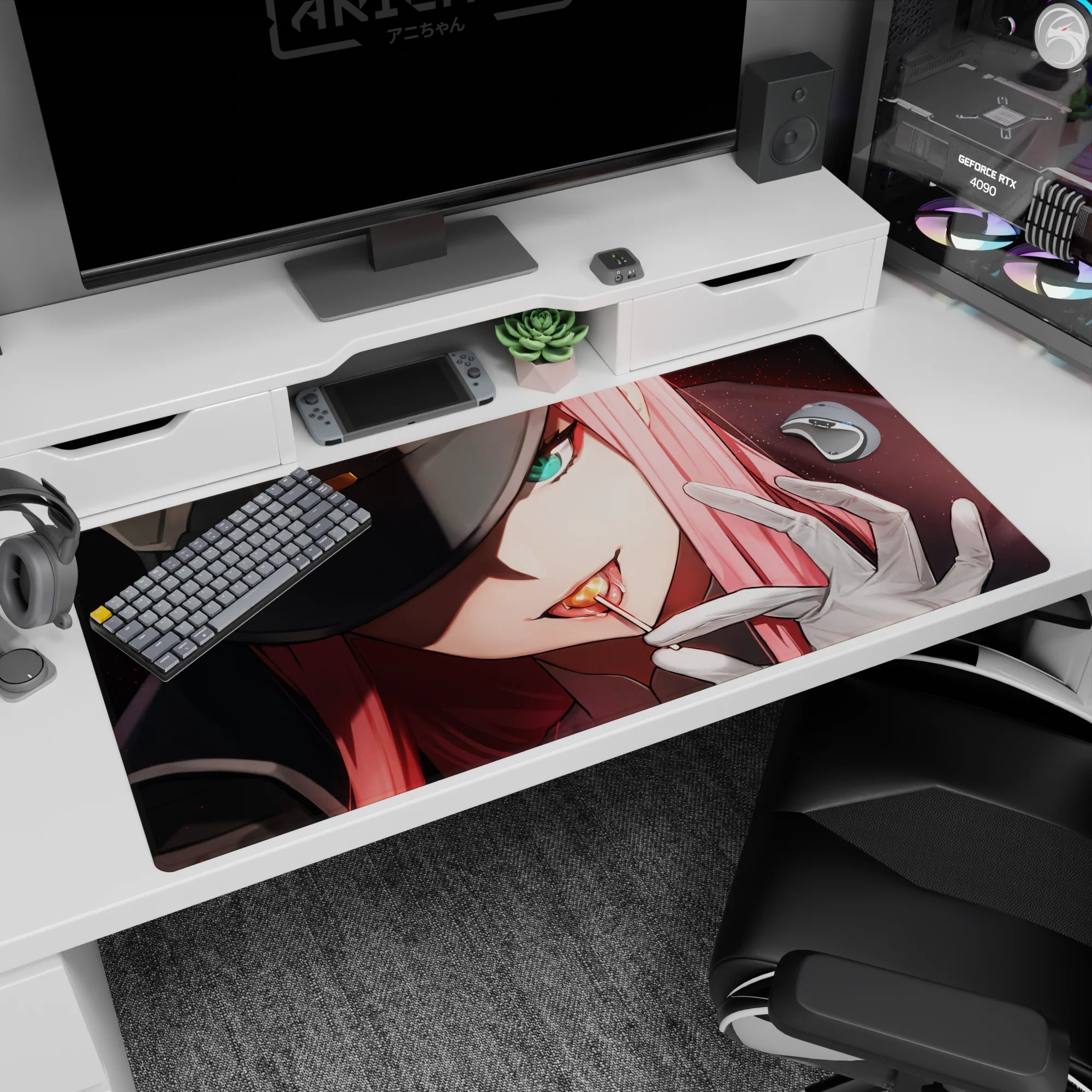 Large 40x20 inches mouse pad featuring Zero Two design, with her fierce gaze and glowing intensity to capture her dominant, unyielding spirit.