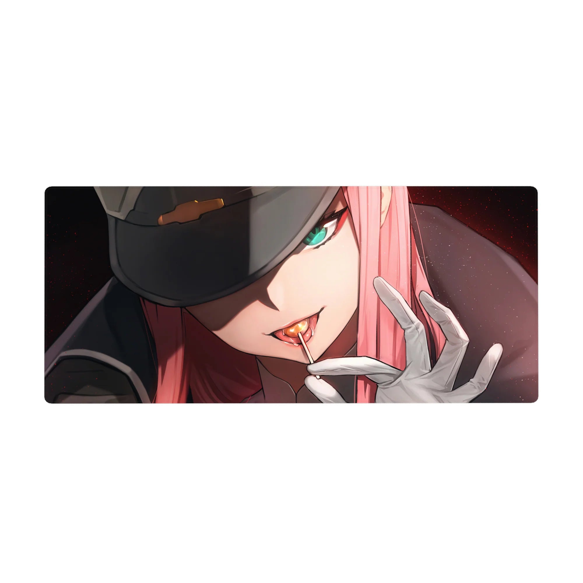 Mouse pad featuring Zero Two design, 36x16 inches, with sharp gaze and glowing intensity for a bold, powerful, and commanding anime vibe.