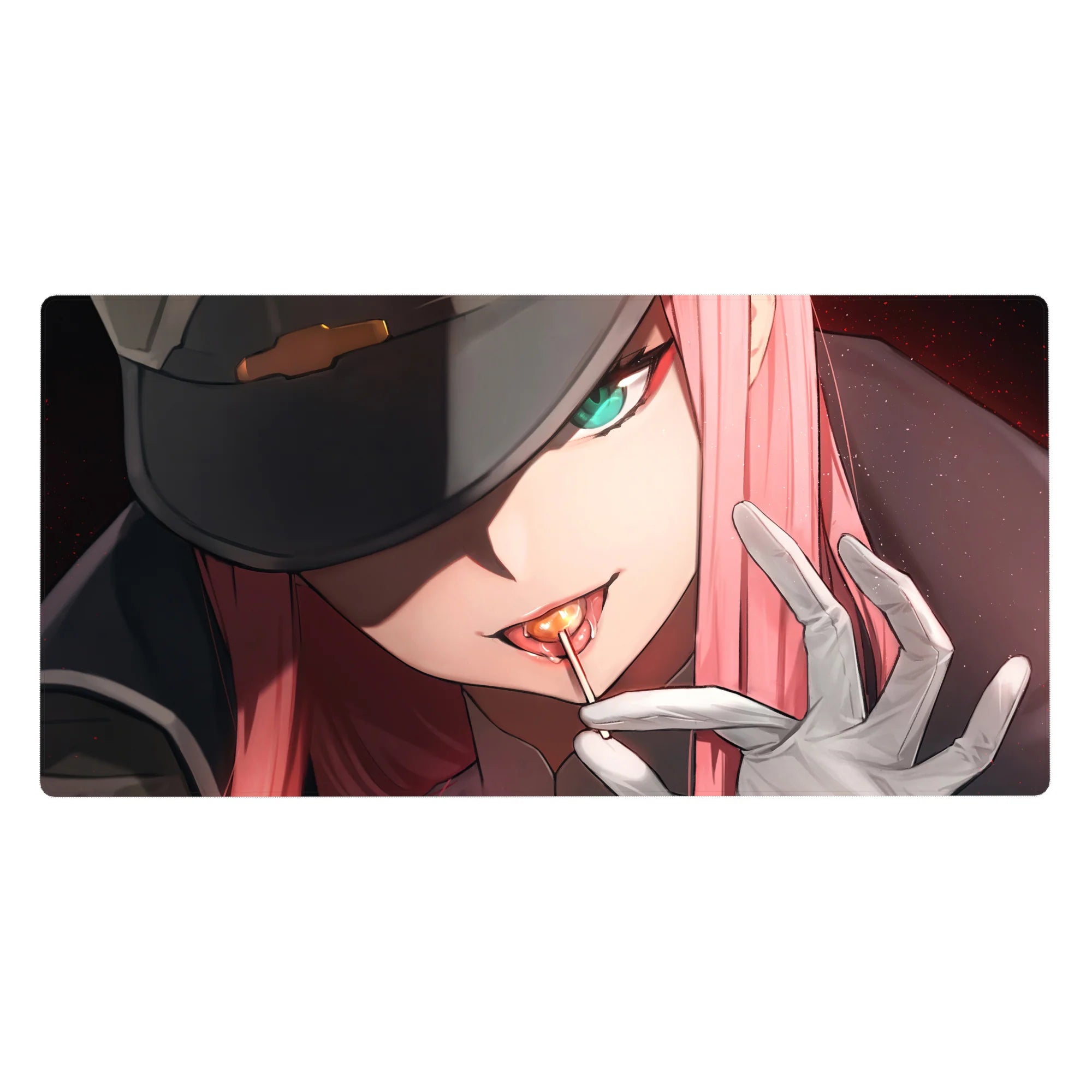 Mouse pad featuring Zero Two design, 40x20 inches, with her sharp gaze and glowing intensity for a bold, dominant anime-inspired look.