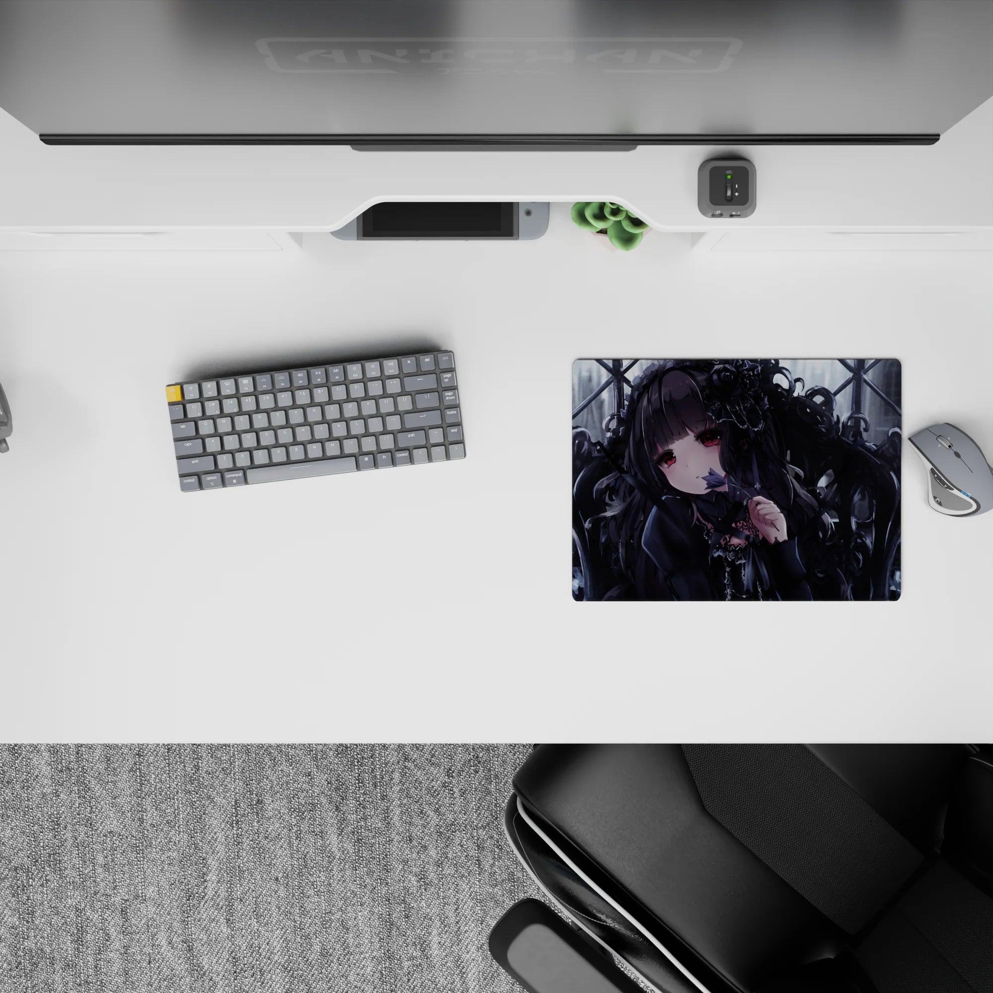 Charcoal black, cool gray, and lilac moody anime desk pad mouse pad, 14x10 inches.