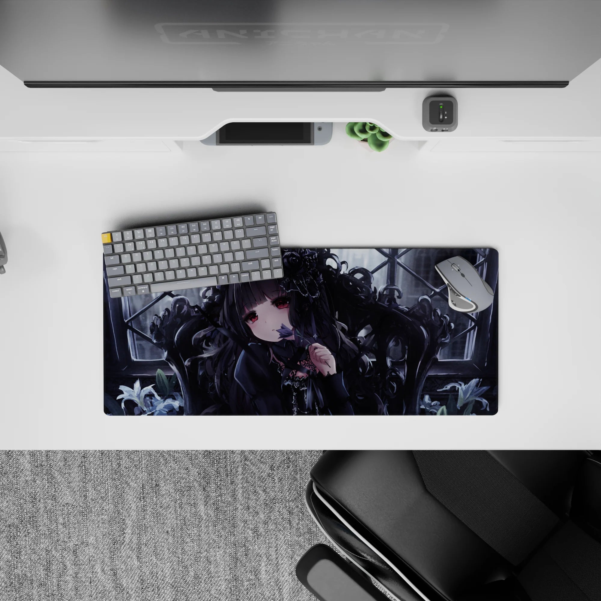 Moody charcoal, gray, and soft lilac anime desk pad mouse pad 28x12 inches with smoky shadows.