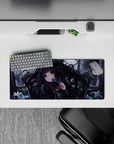 Moody charcoal, gray, and soft lilac anime desk pad mouse pad 28x12 inches with smoky shadows.