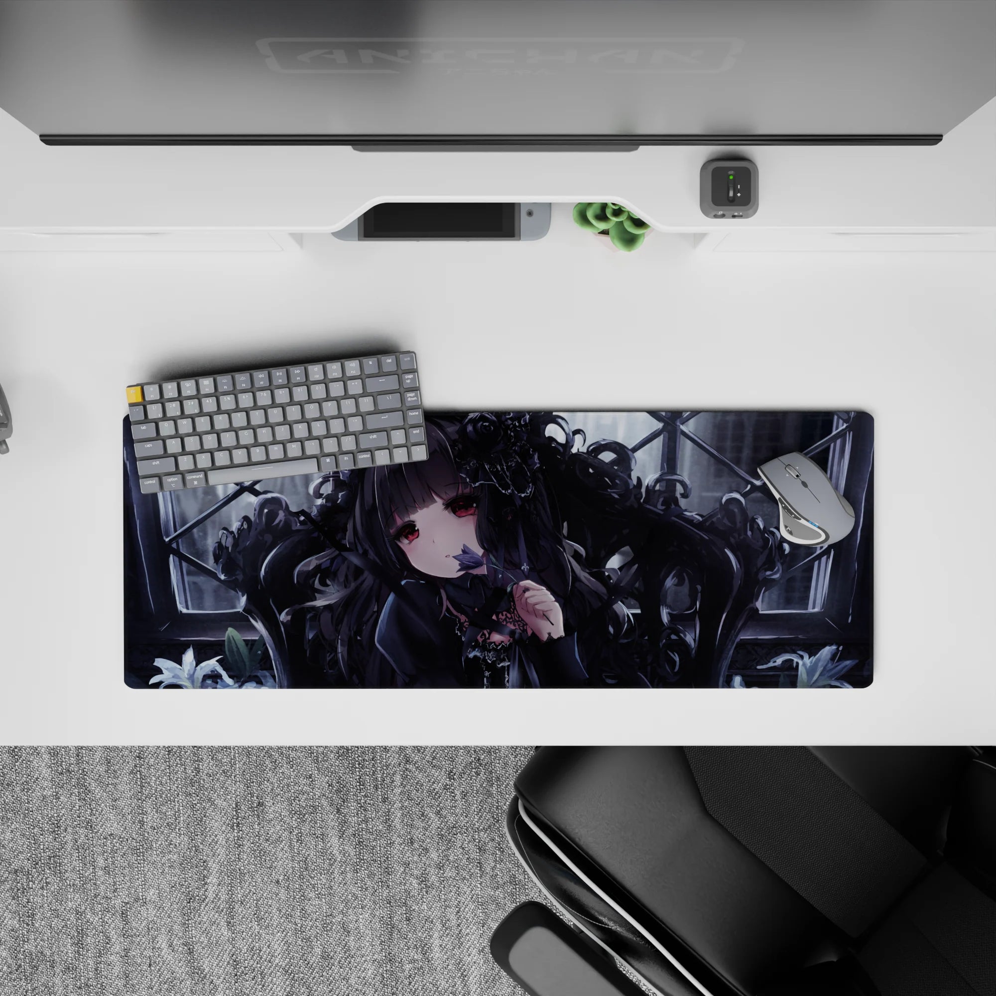 Moody charcoal black and lilac anime desk pad 32x12 inches, dreamy shadows and calm dangerous vibe.