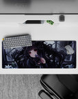 Moody charcoal black and lilac anime desk pad 32x12 inches, dreamy shadows and calm dangerous vibe.