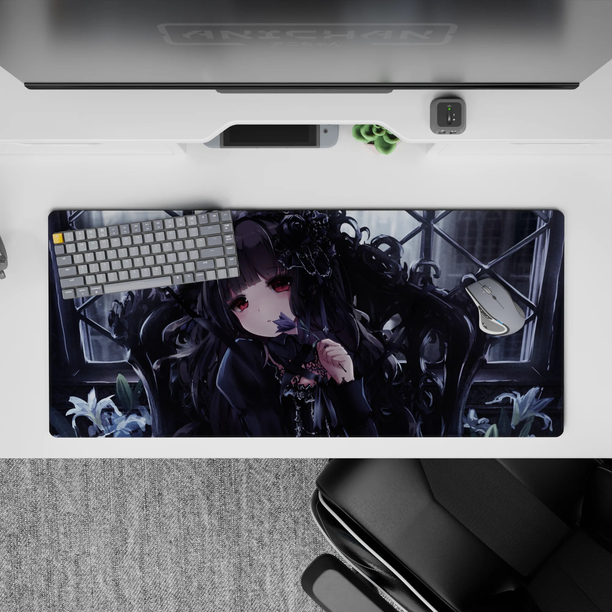 Moody charcoal black, cool gray, and soft lilac anime desk pad 36x16 inches, dreamy and slightly dangerous vibe.