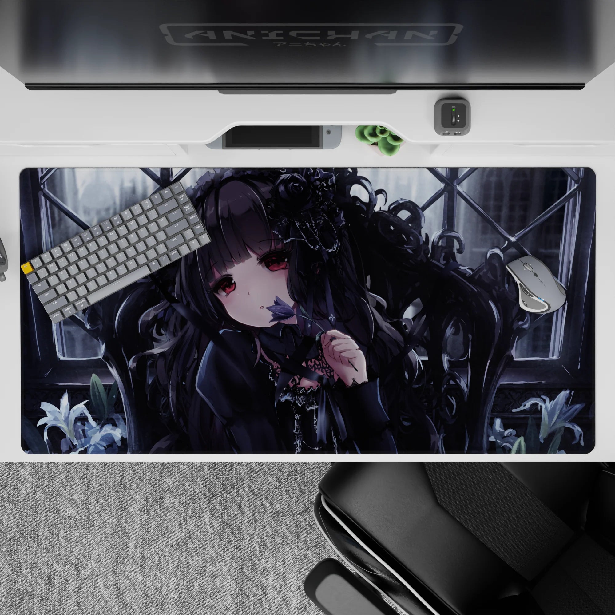 Moody charcoal black, cool gray and lilac anime desk pad 40x20 inches, dreamy dark romance vibe.