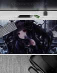 Moody charcoal black, cool gray and lilac anime desk pad 40x20 inches, dreamy dark romance vibe.
