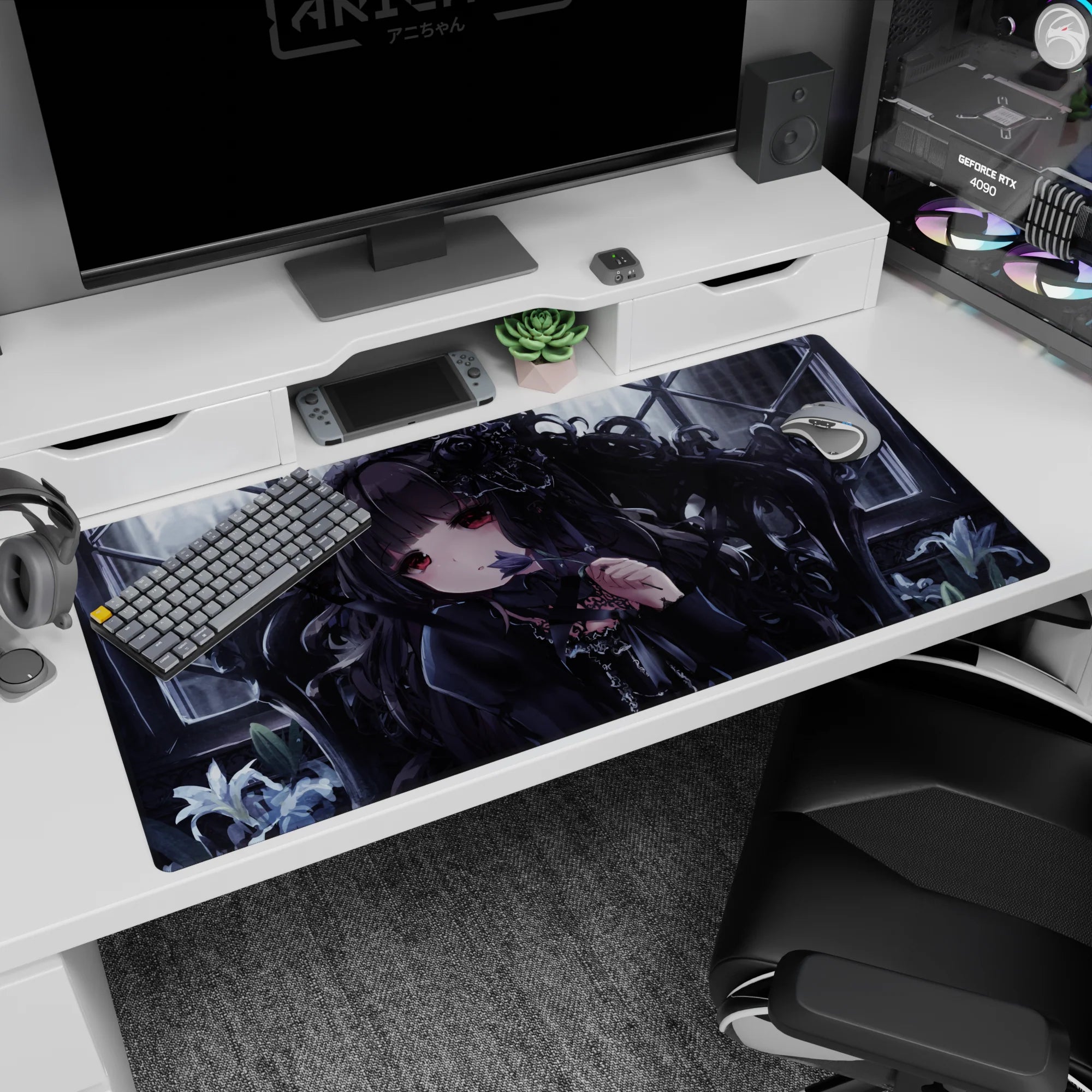 Ruby-eyed dark-haired anime girl with roses, holding a tiny flower to her lips on 40x20 inches desk pad.