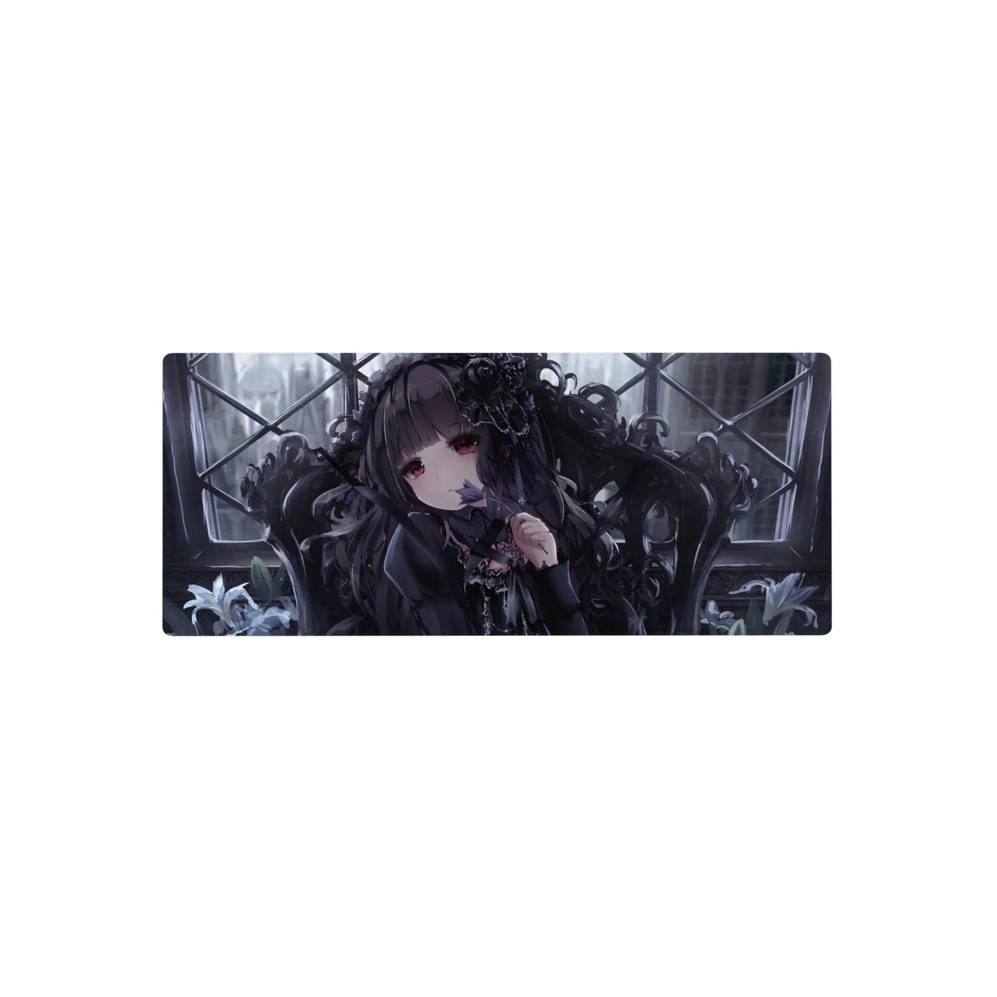 Gothic romance anime girl mouse pad 28x12 inches with ruby eyes, roses, and misty window grid art.