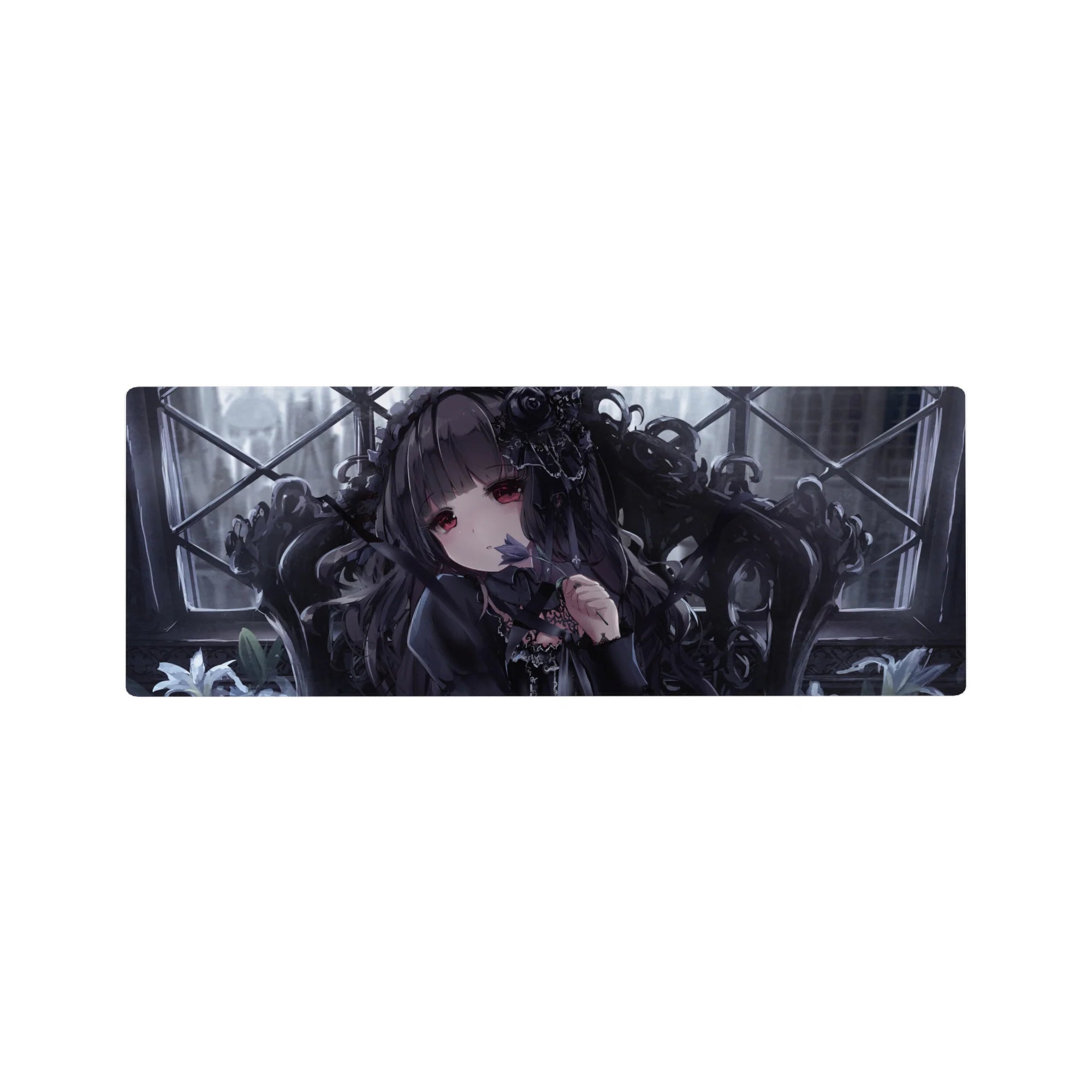 Gothic romance anime girl mouse pad 32x12 inches with ruby eyes, roses, and misty window grid art.