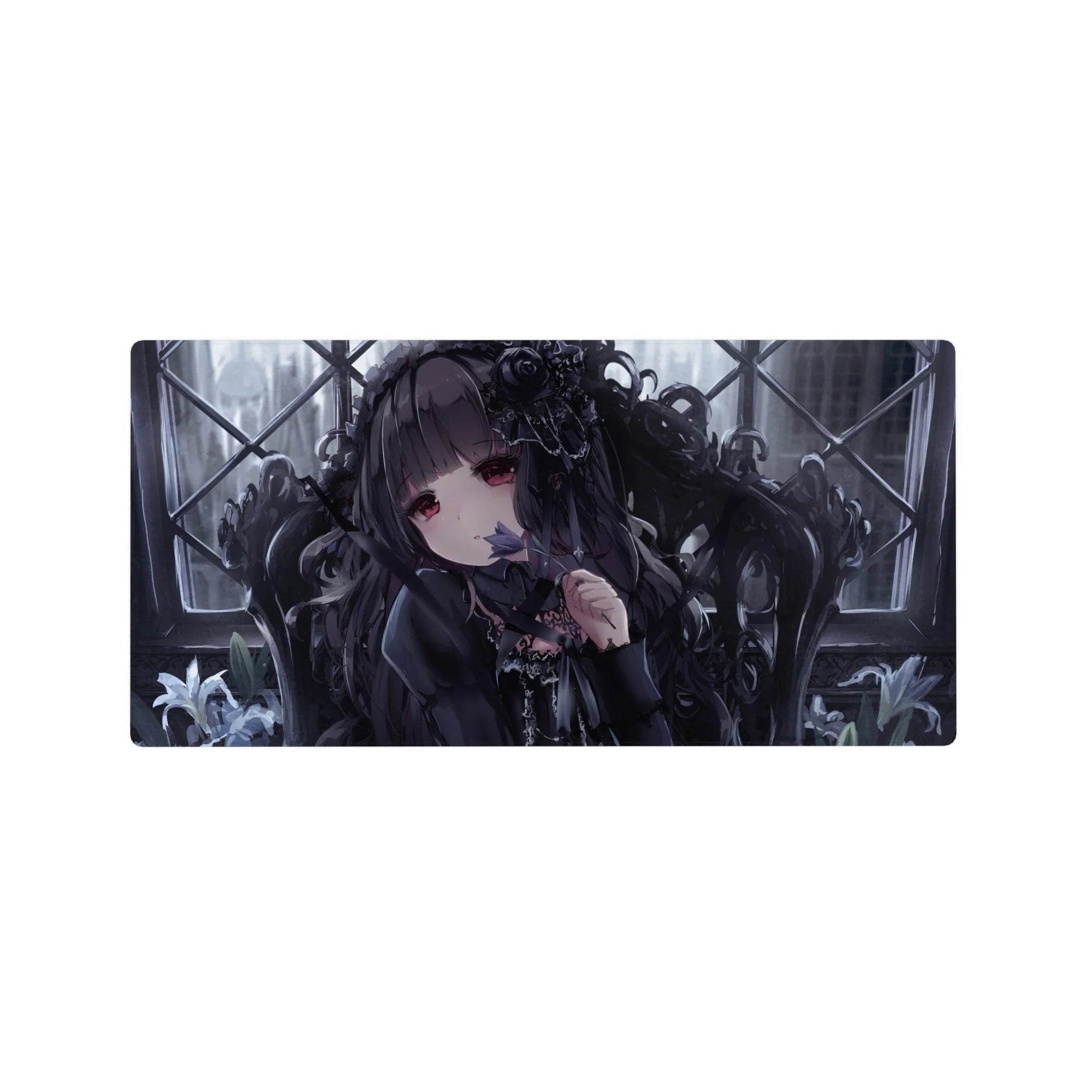 Gothic romance anime girl mouse pad 32x16 inches with ruby eyes, roses, and misty window grid.