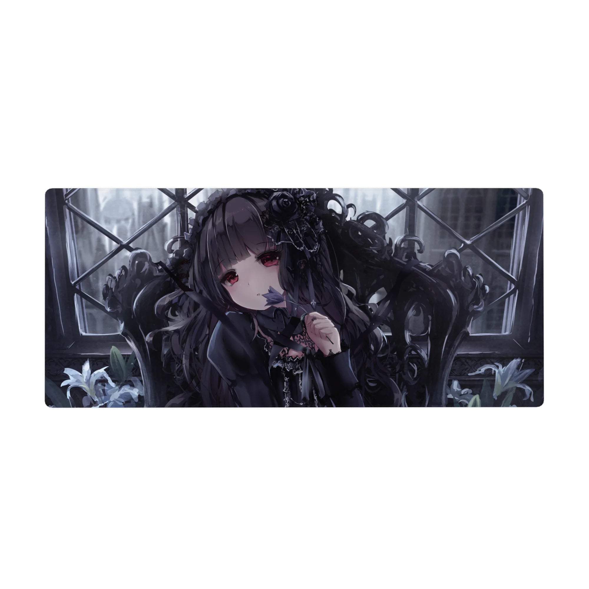 Gothic romance anime girl desk pad mouse pad 36x16 inches with roses, ruby eyes, and window grid backdrop.