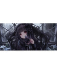 Gothic romance anime girl desk pad mouse pad 36x16 inches with roses, ruby eyes, and window grid backdrop.