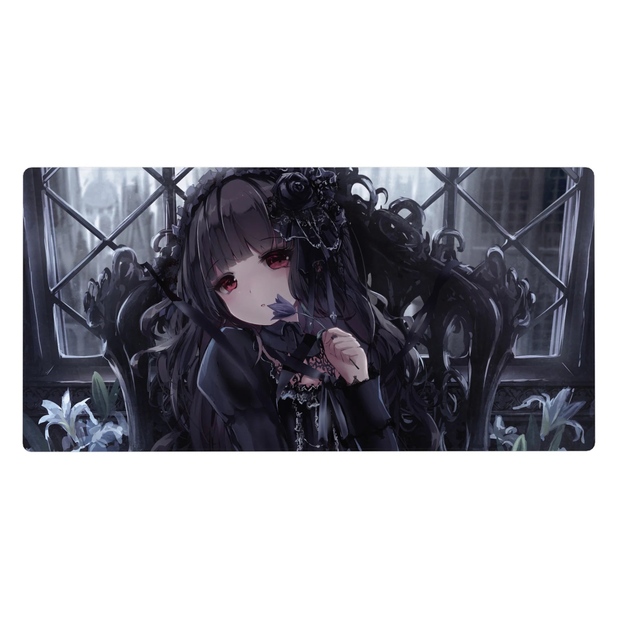 Gothic romance anime girl desk pad 40x20 inches with ruby eyes, roses in hair, smoky window grid art.