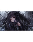 Gothic romance anime girl desk pad 40x20 inches with ruby eyes, roses in hair, smoky window grid art.
