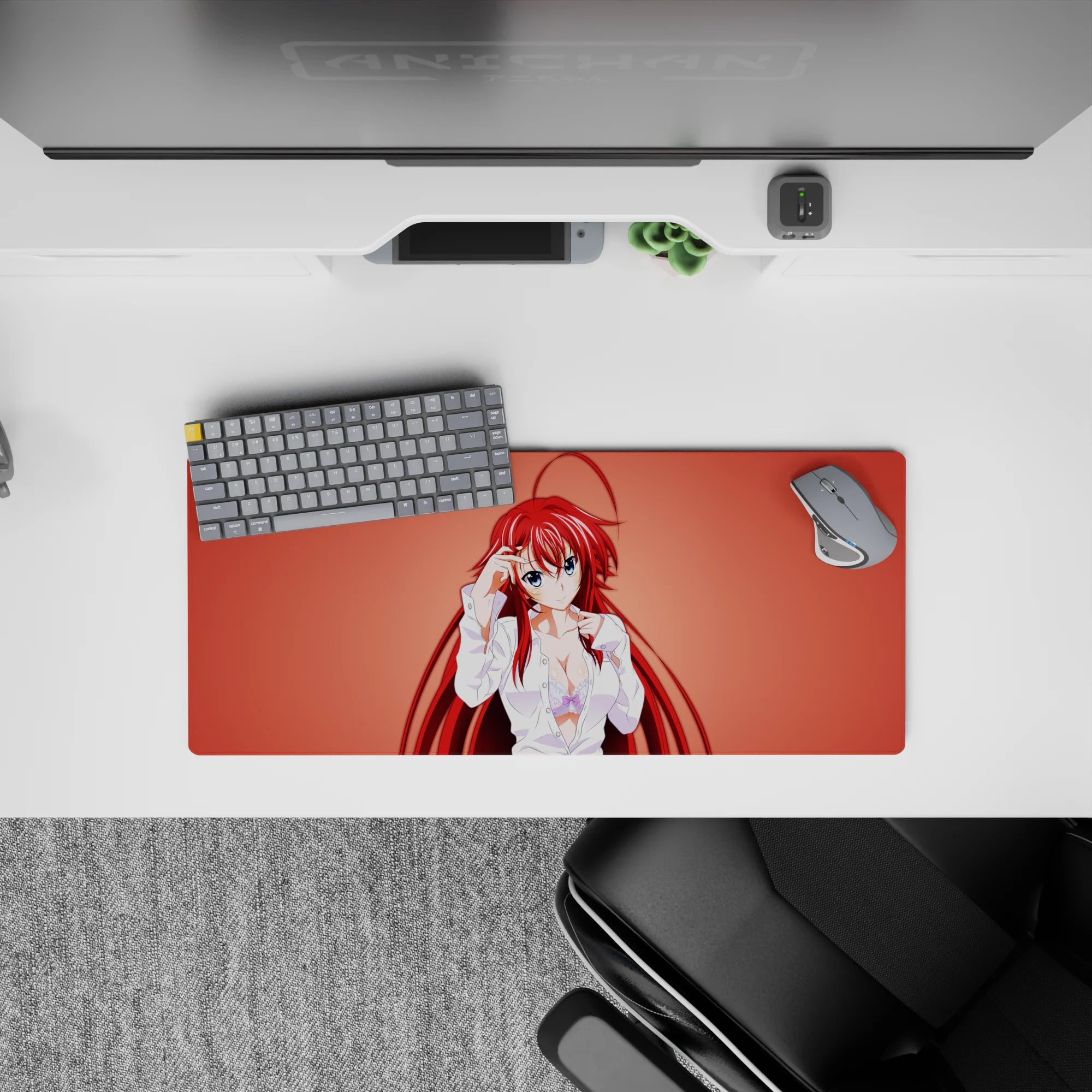 Rias Gremory anime mouse pad, 28x12 inches, High School DxD, featuring her in a loose white shirt on a coral background.