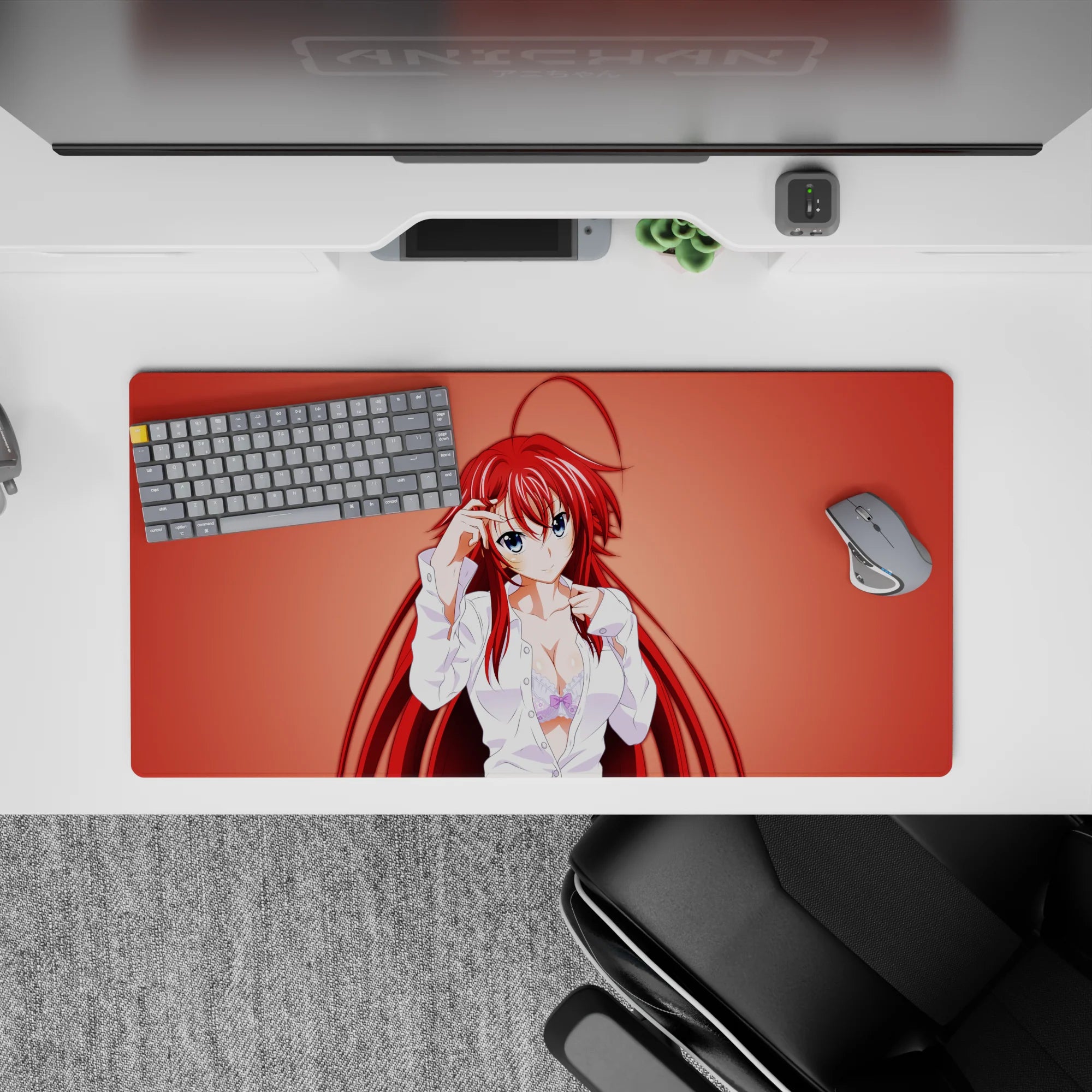 Rias Gremory anime mouse pad, 32x16 inches, features her in a loose white shirt against a warm coral backdrop with flowing red hair.