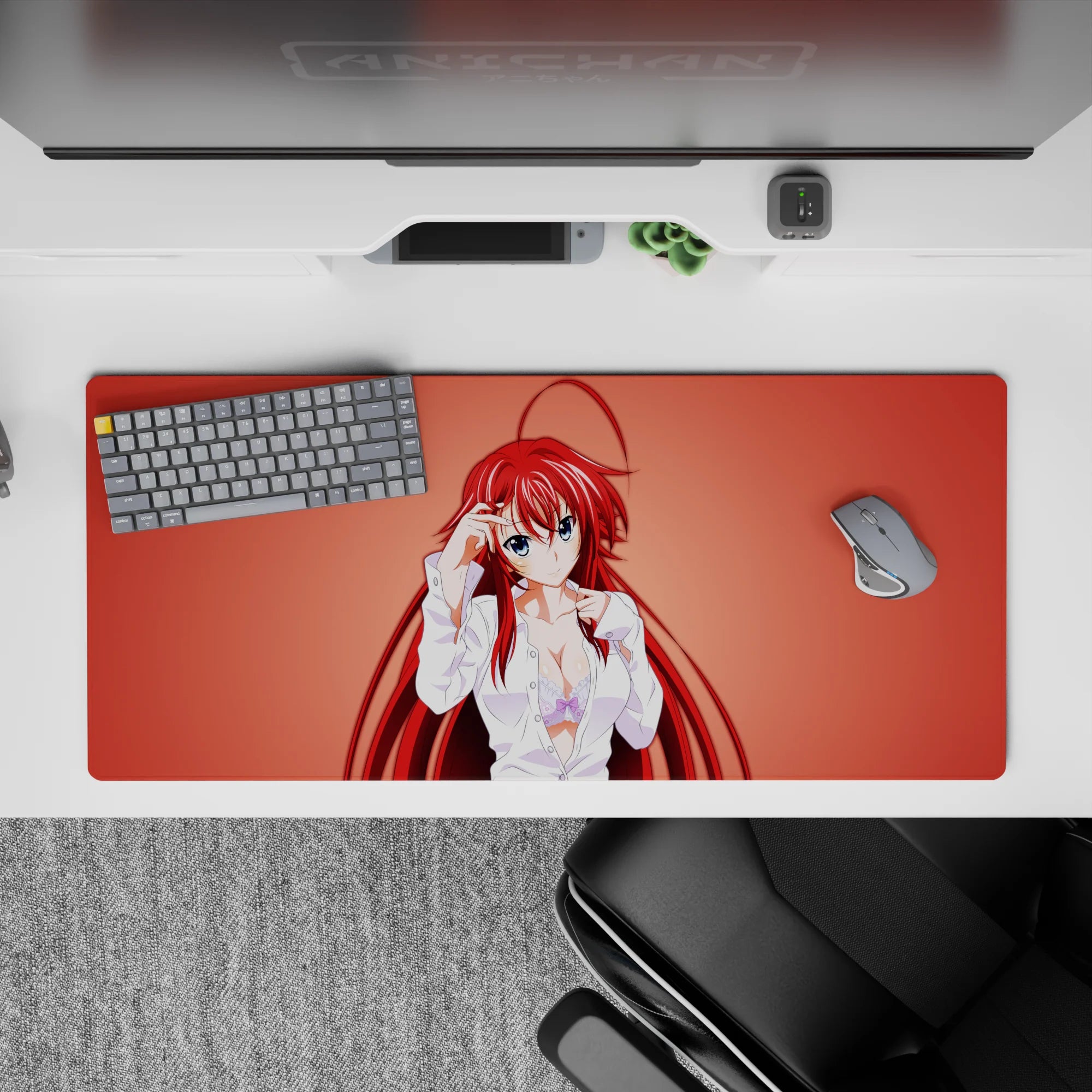 Rias Gremory from High School DxD on 36x16 inch anime desk pad, wearing a loose white shirt with a soft smirk and lavender lace.