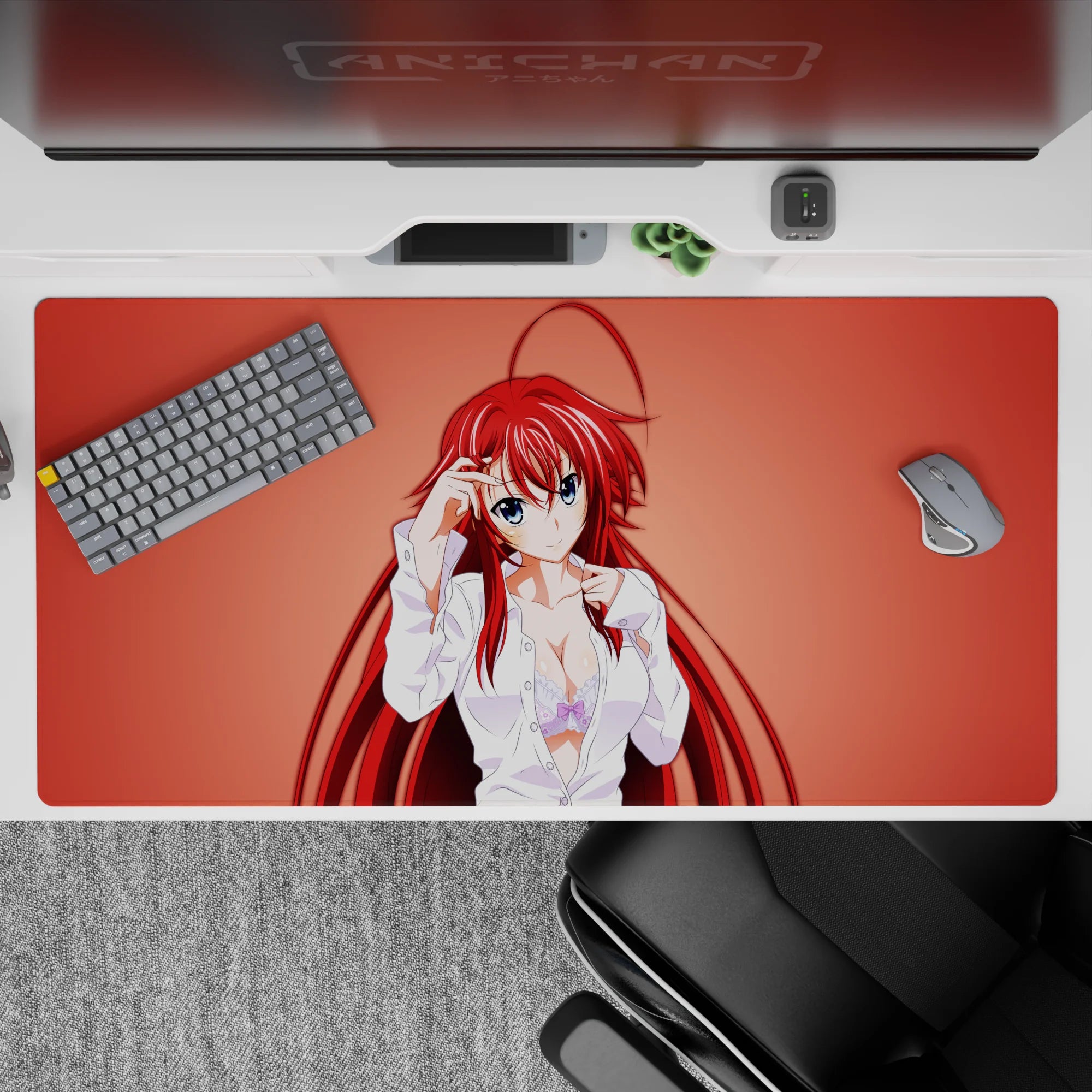 Rias Gremory desk pad, 40x20 inches. Features Rias in a loose white shirt on a warm coral background from High School DxD.