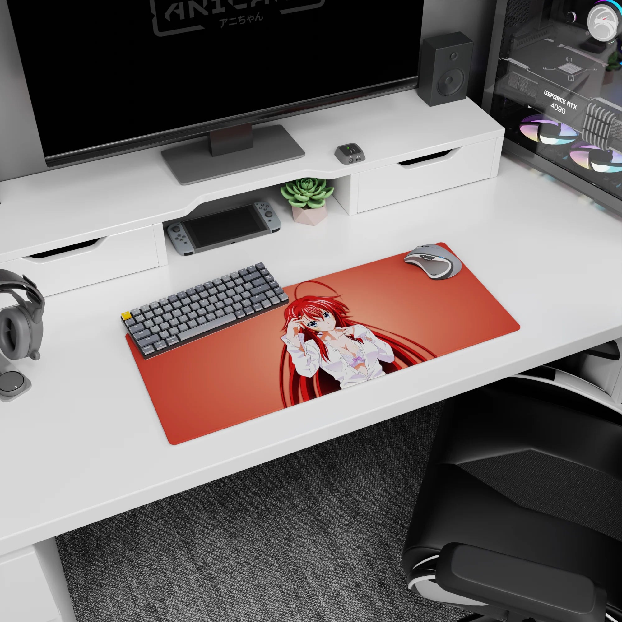 Anime mouse pad featuring Rias Gremory from High School DxD, with a warm coral background, size 28x12 inches.