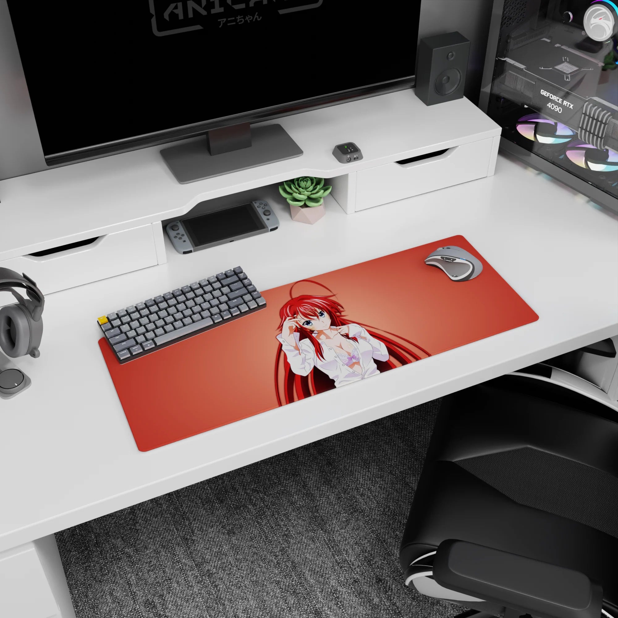 Rias Gremory anime mouse pad 32x12 inches, featuring her in a loose white shirt on a warm coral background, from High School DxD.