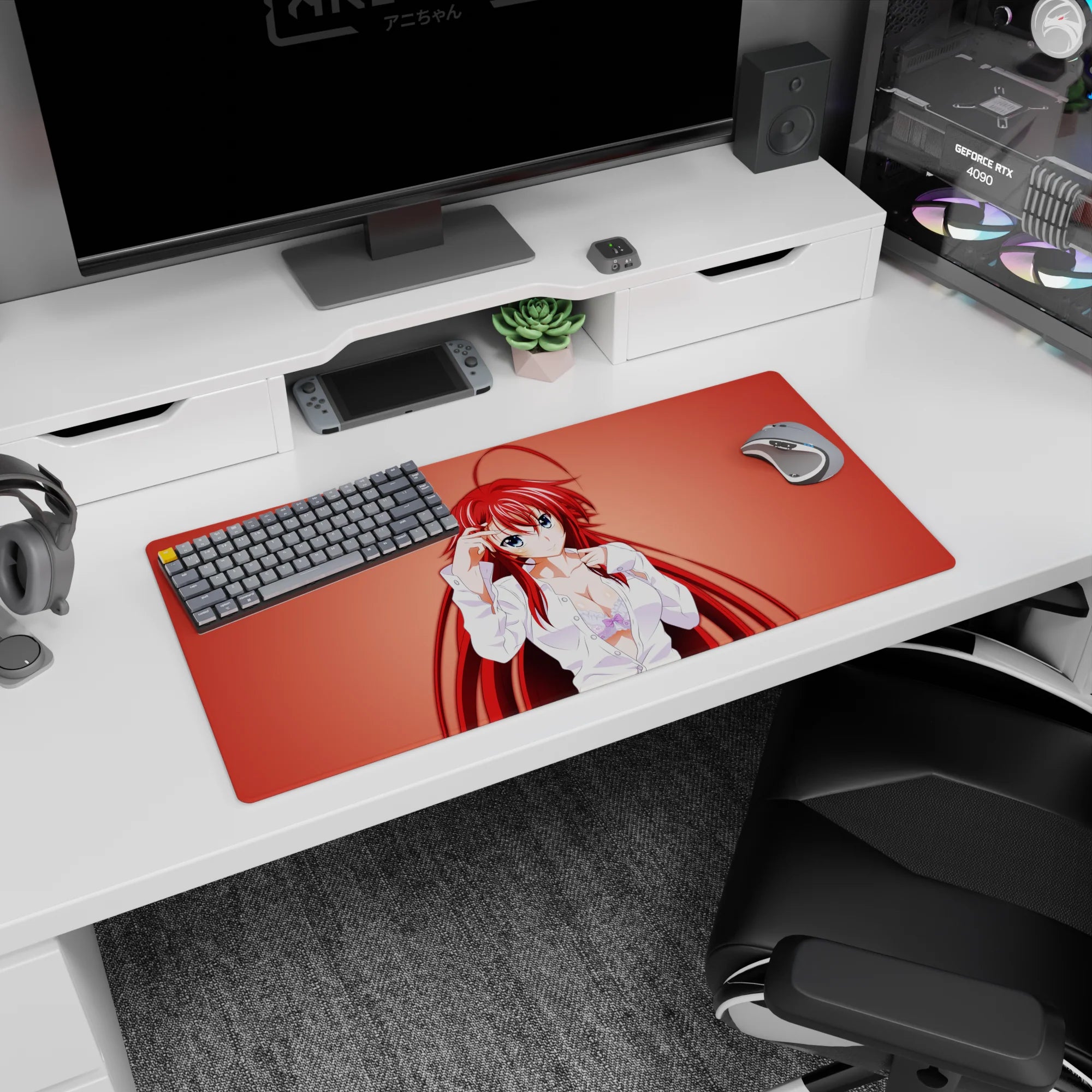 Mouse pad featuring Rias Gremory from High School DxD in a loose white shirt, with a coral background, sized 32x16 inches.