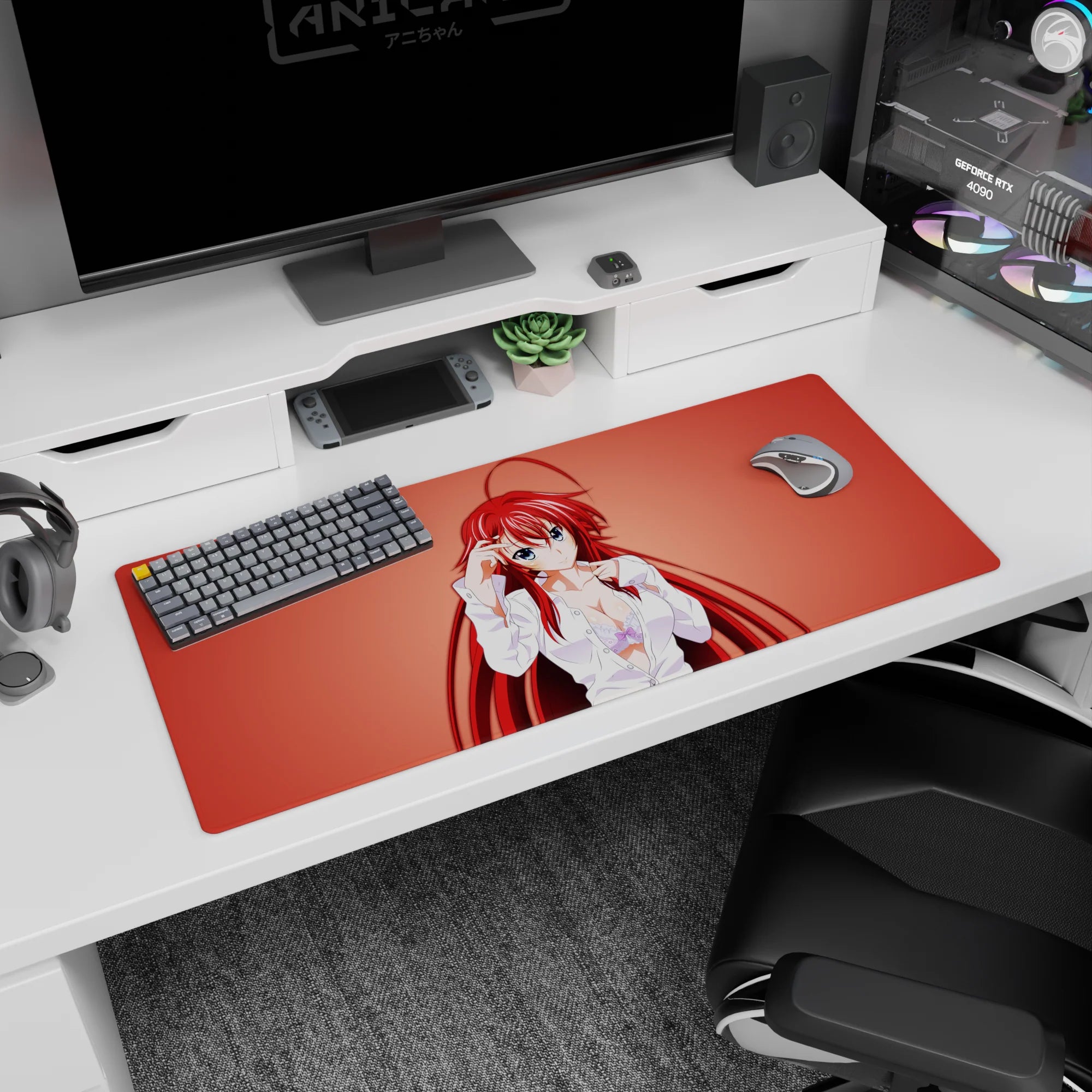 Desk pad featuring Rias Gremory from High School DxD, 36x16 inches, in a loose white shirt with a warm coral background.