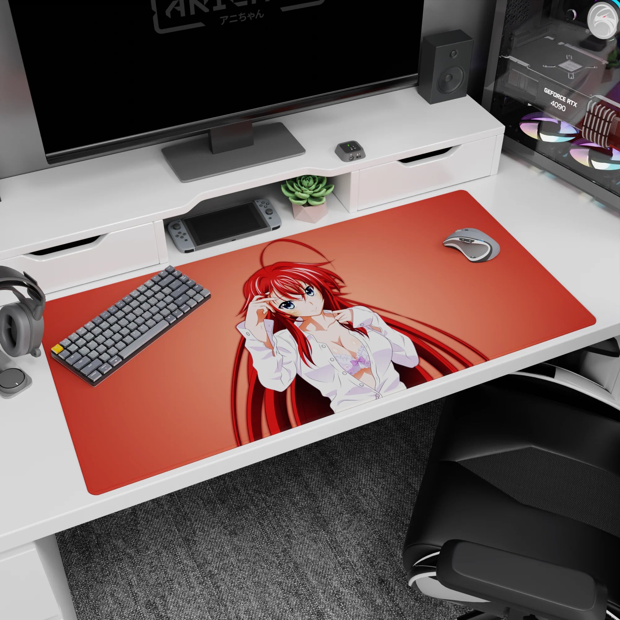 Anime desk pad 40x20 inches featuring Rias Gremory from High School DxD in white shirt and lavender lace on coral background.