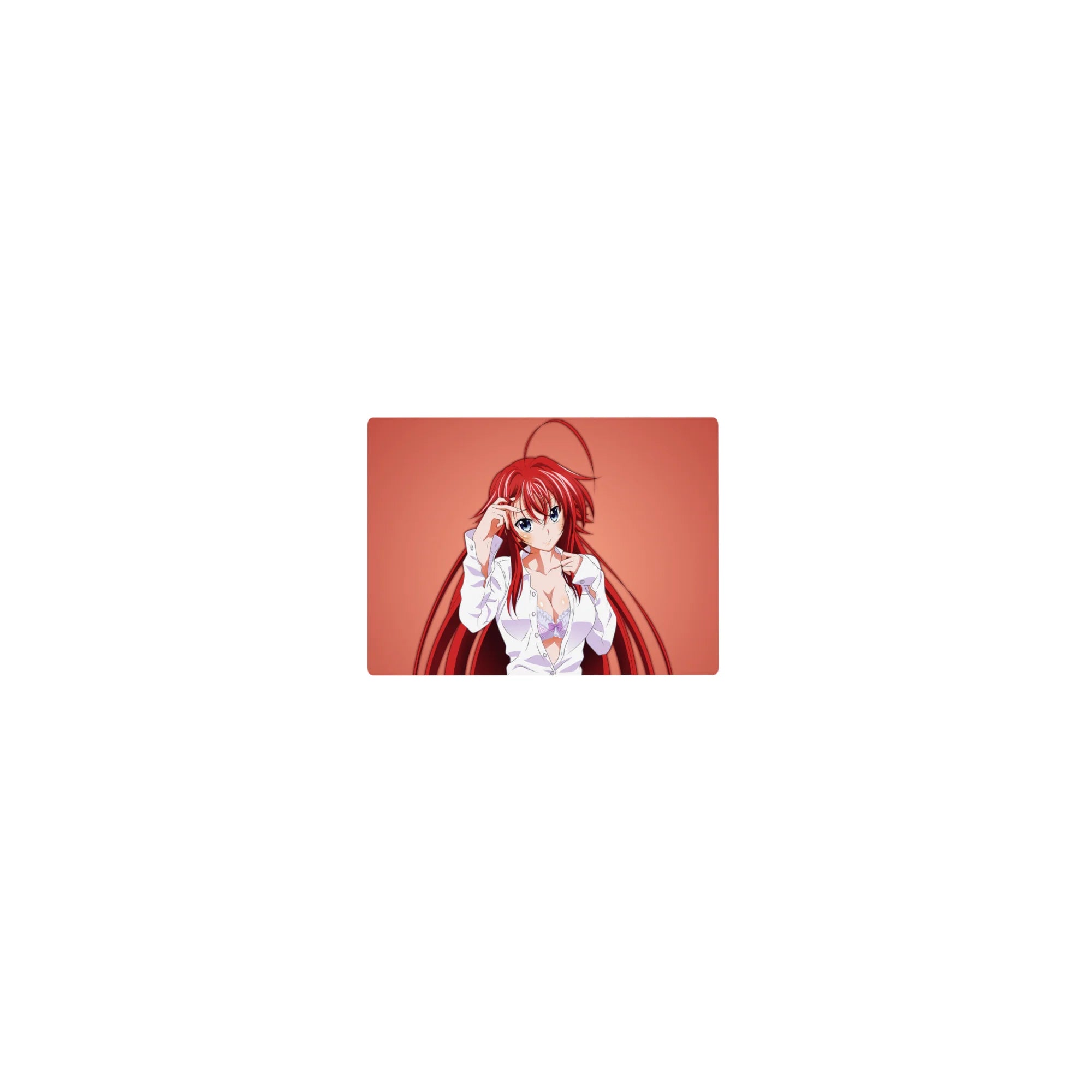 Rias Gremory from High School DxD on 14x10 inch mouse pad, wearing loose white shirt with lavender lace and red hair.
