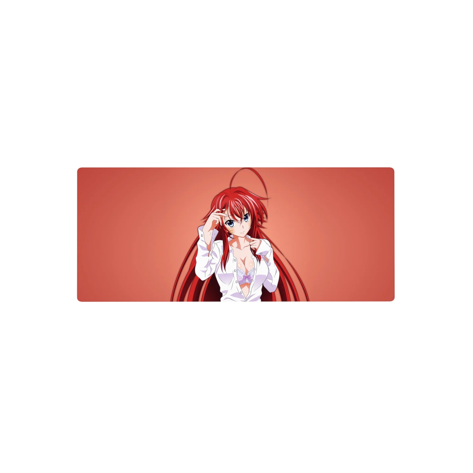 Mouse pad featuring Rias Gremory from High School DxD, 28x12 inches. Red hair, white shirt, coral background.
