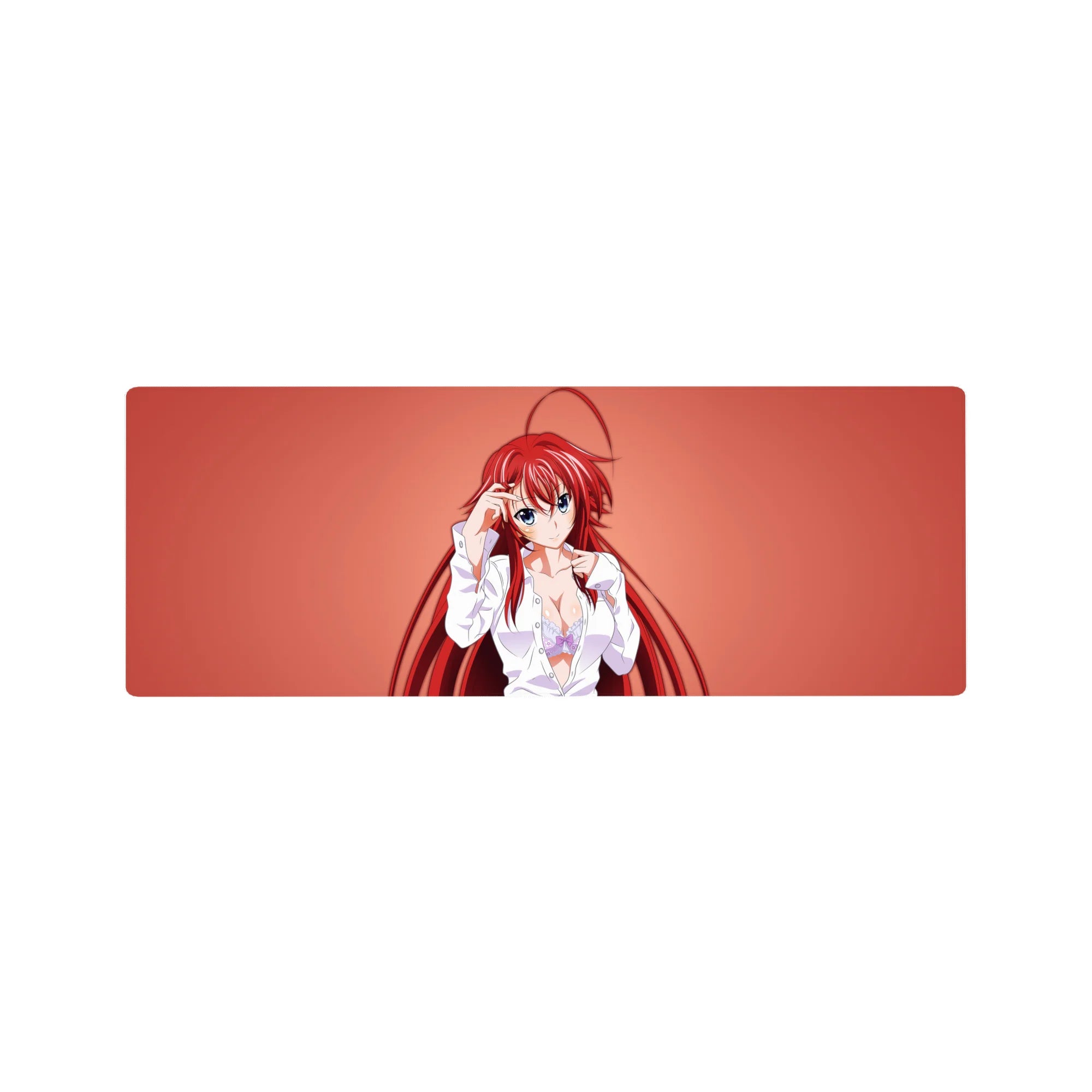 Mouse pad featuring Rias Gremory from High School DxD in a loose white shirt, 32x12 inches, with a warm coral background.