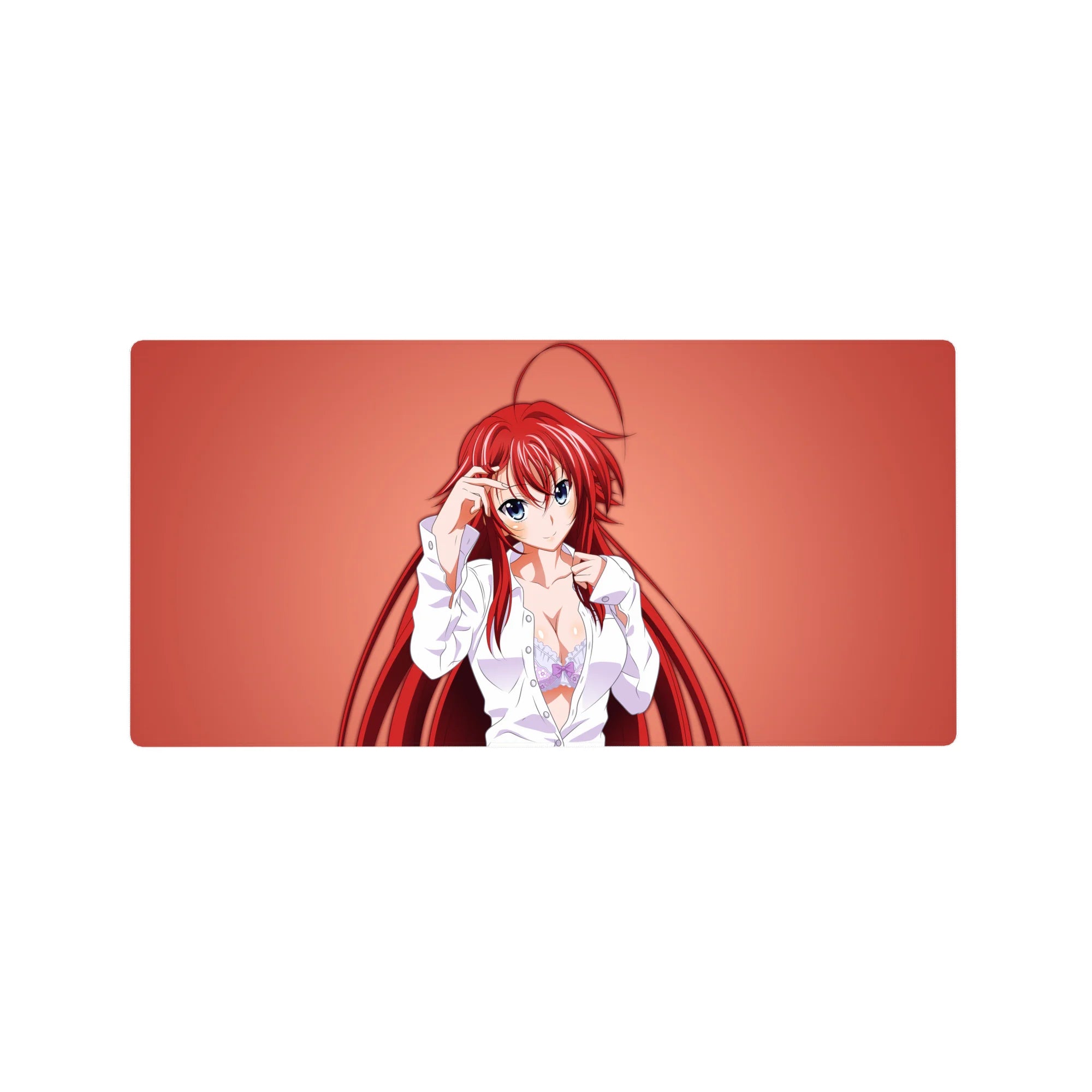Rias Gremory mouse pad, 32x16 inches, in white shirt with lavender lace, coral background, from High School DxD anime.