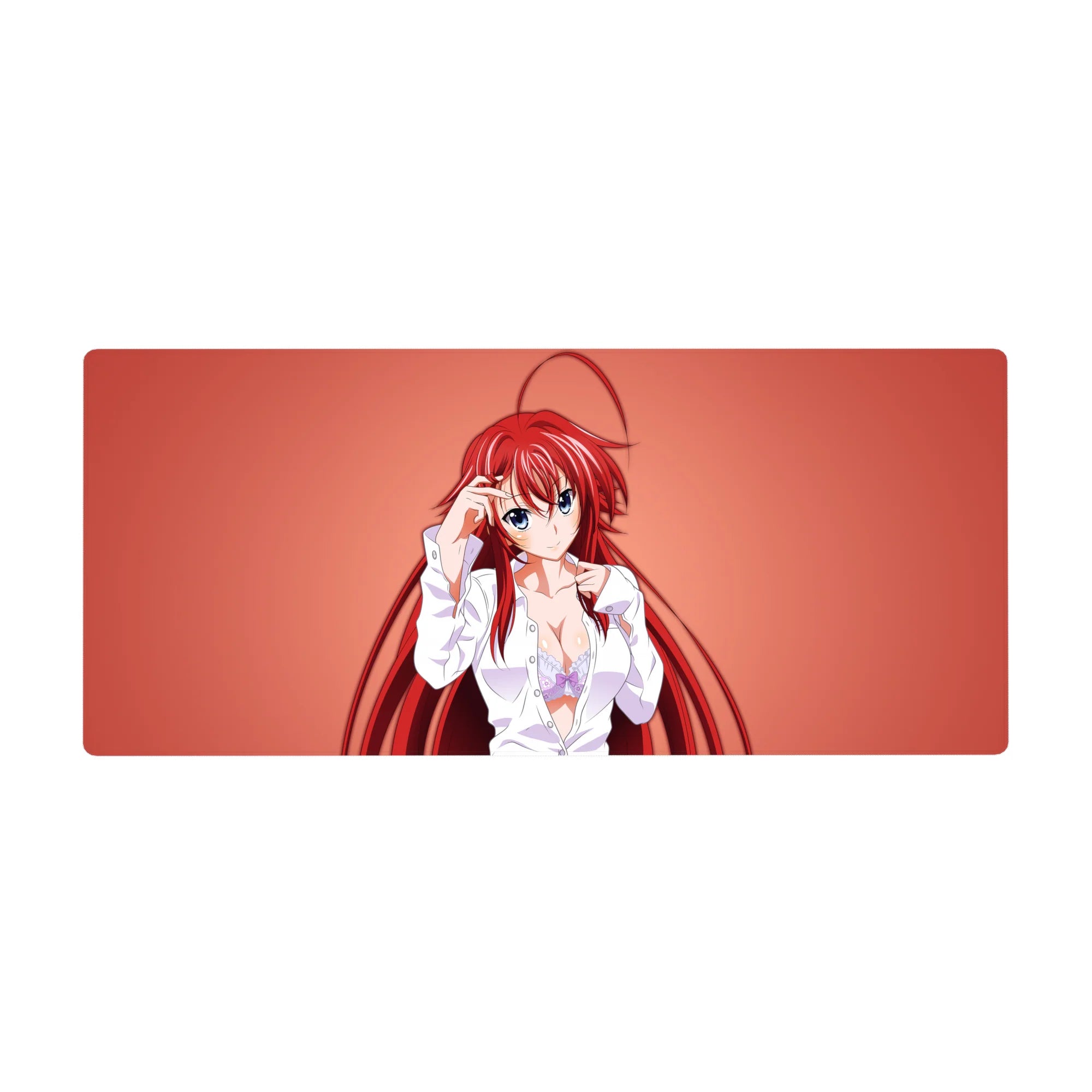 Desk pad featuring Rias Gremory from High School DxD, 36x16 inches, wearing a loose white shirt with a soft smirk on a coral background.