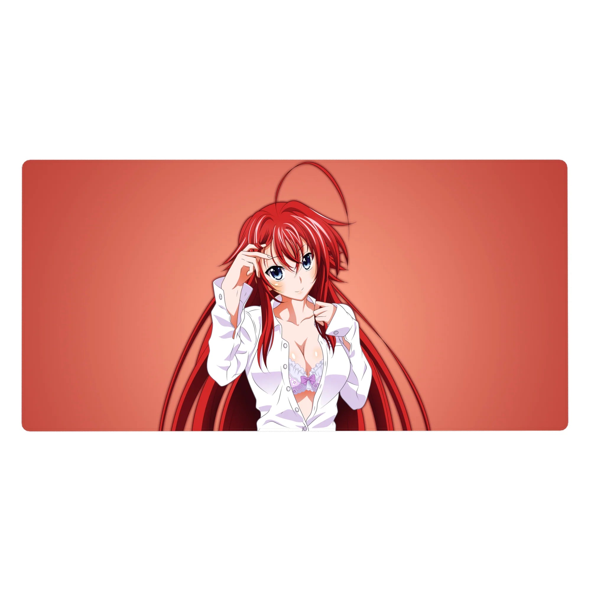 Rias Gremory desk pad, 40x20 inches, in a loose white shirt with lavender lace, from High School DxD, coral background.