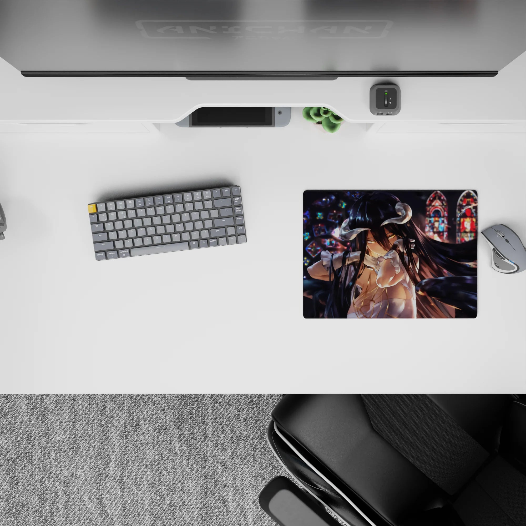 Albedo anime mouse pad, 14x10 inches, features her with golden eyes, black wings, and stained-glass lighting, adding elegance to any setup.