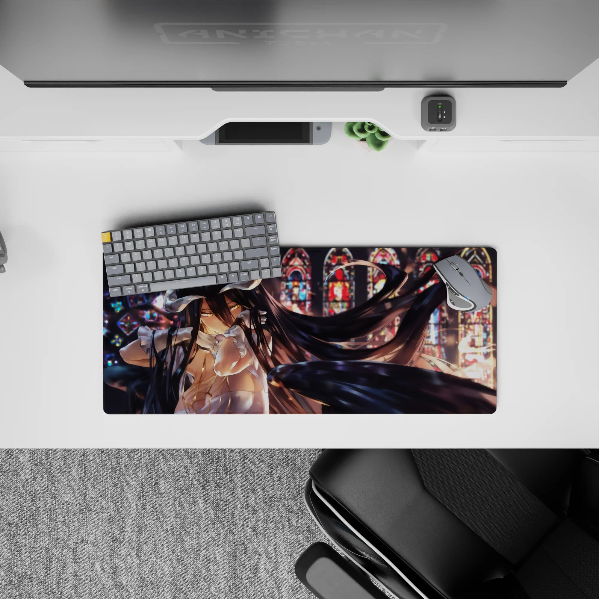 Albedo-themed anime mouse pad, size 28x12 inches, featuring stained-glass art style with golden eyes and black wings.