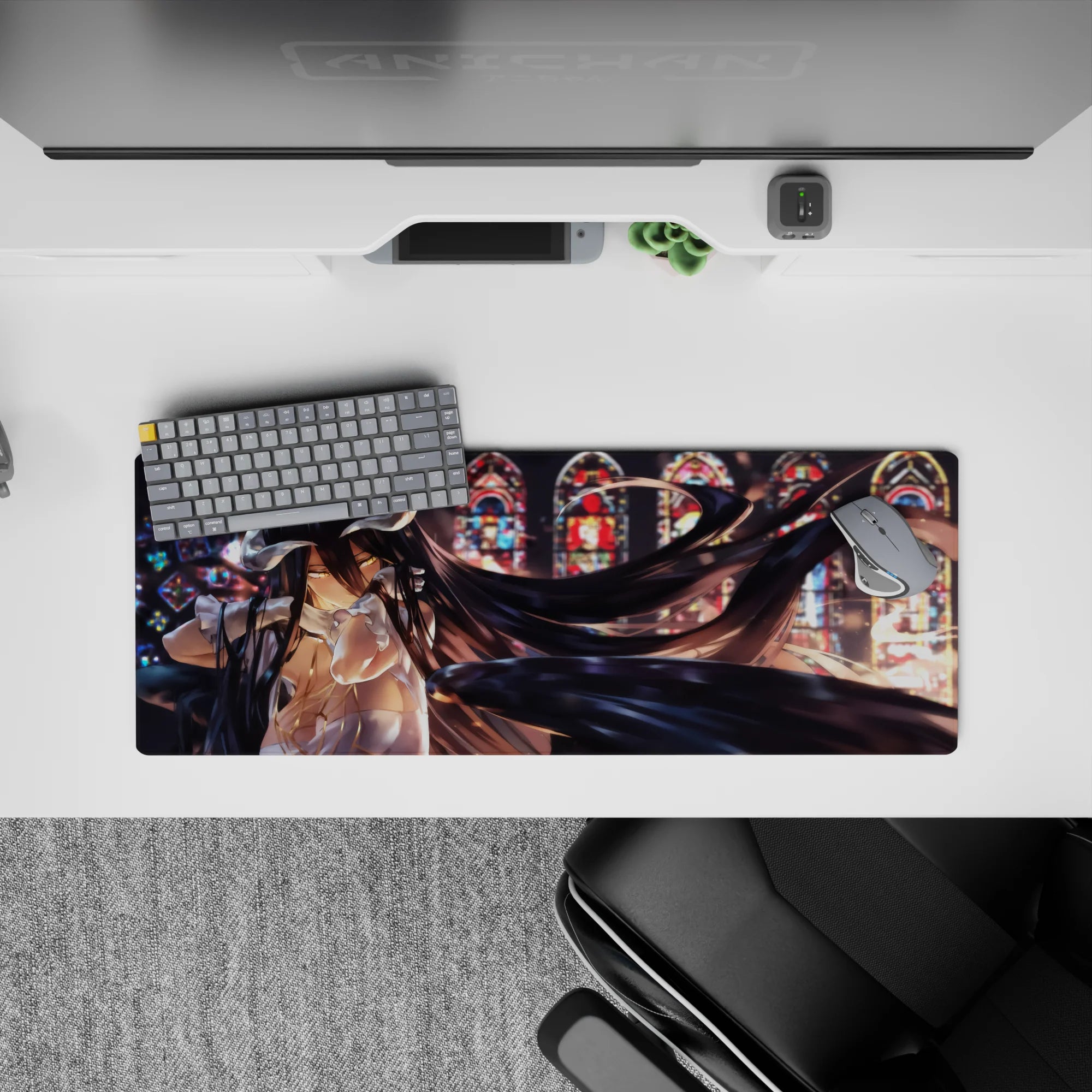 Albedo anime mouse pad 32x12 inches, featuring her glowing golden eyes and dark wings under stained-glass light.