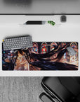 Albedo anime mouse pad 32x12 inches, featuring her glowing golden eyes and dark wings under stained-glass light.