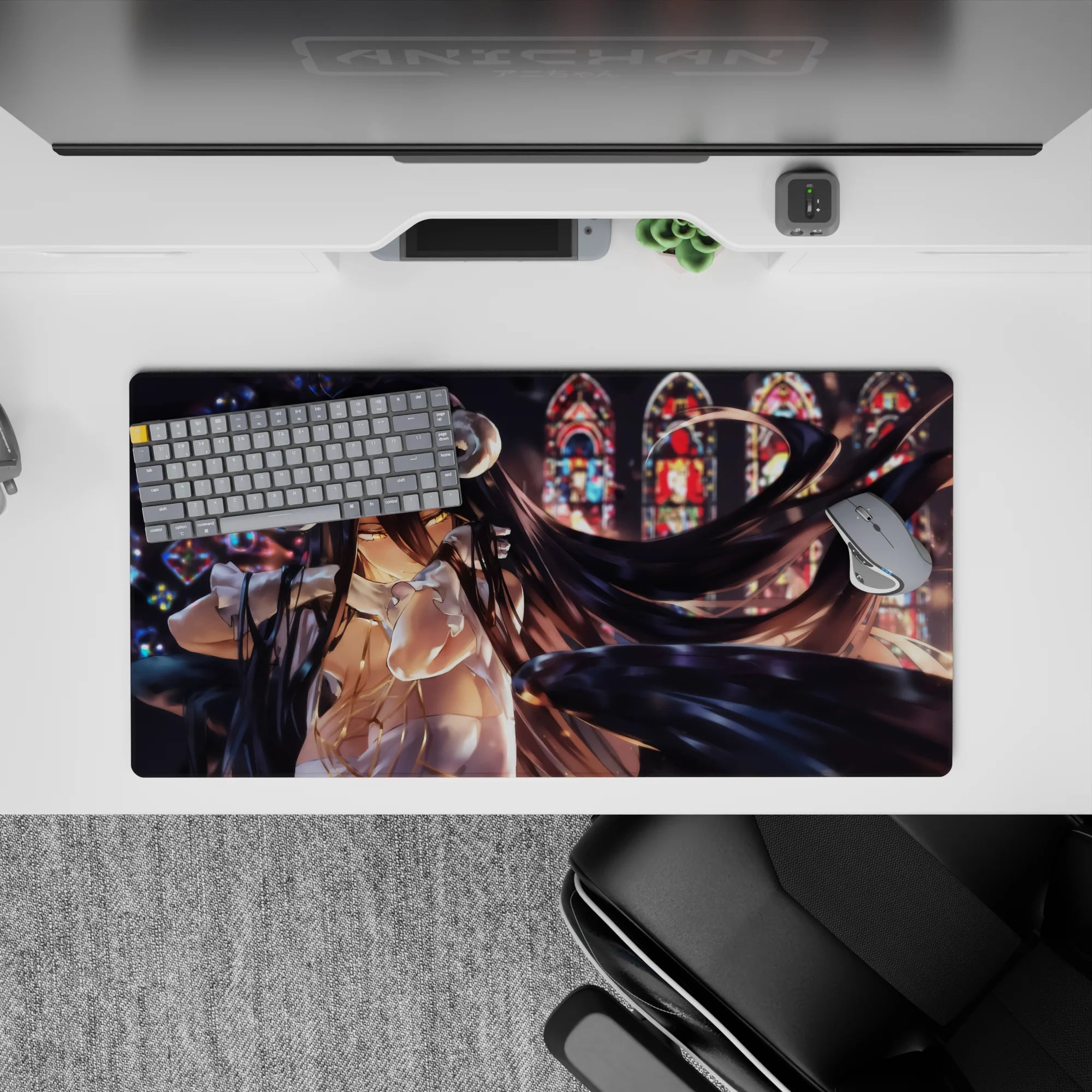 Albedo from Overlord on a 32x16 inch mouse pad, featuring her glowing eyes and wings in a stained-glass style, elegant and bold.
