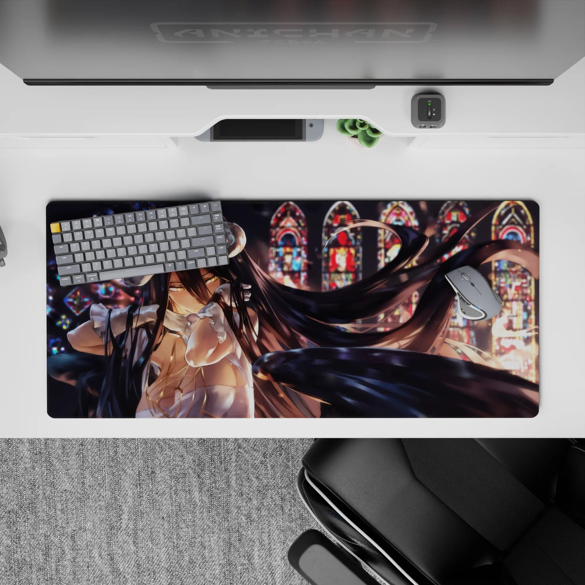 Albedo anime desk pad 36x16 inches, featuring stained-glass art, golden eyes, black wings, and cathedral lighting.