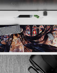 Albedo anime desk pad 36x16 inches, featuring stained-glass art, golden eyes, black wings, and cathedral lighting.