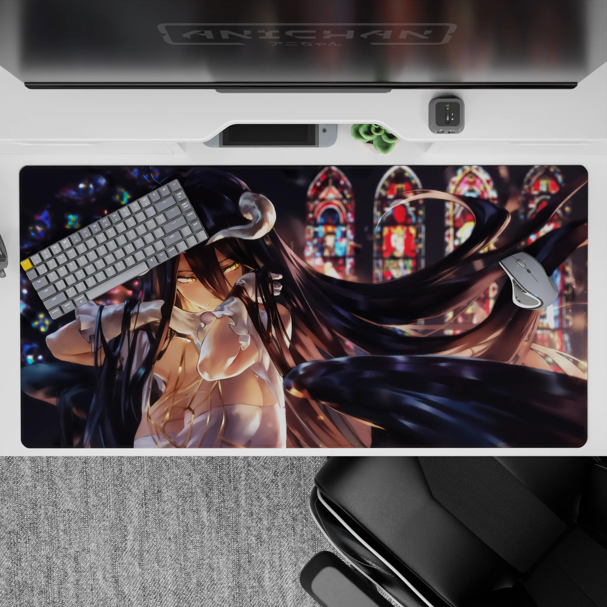 Albedo anime desk pad 40x20 inches, featuring her glowing golden eyes and black wings in a stunning stained-glass-lit scene.