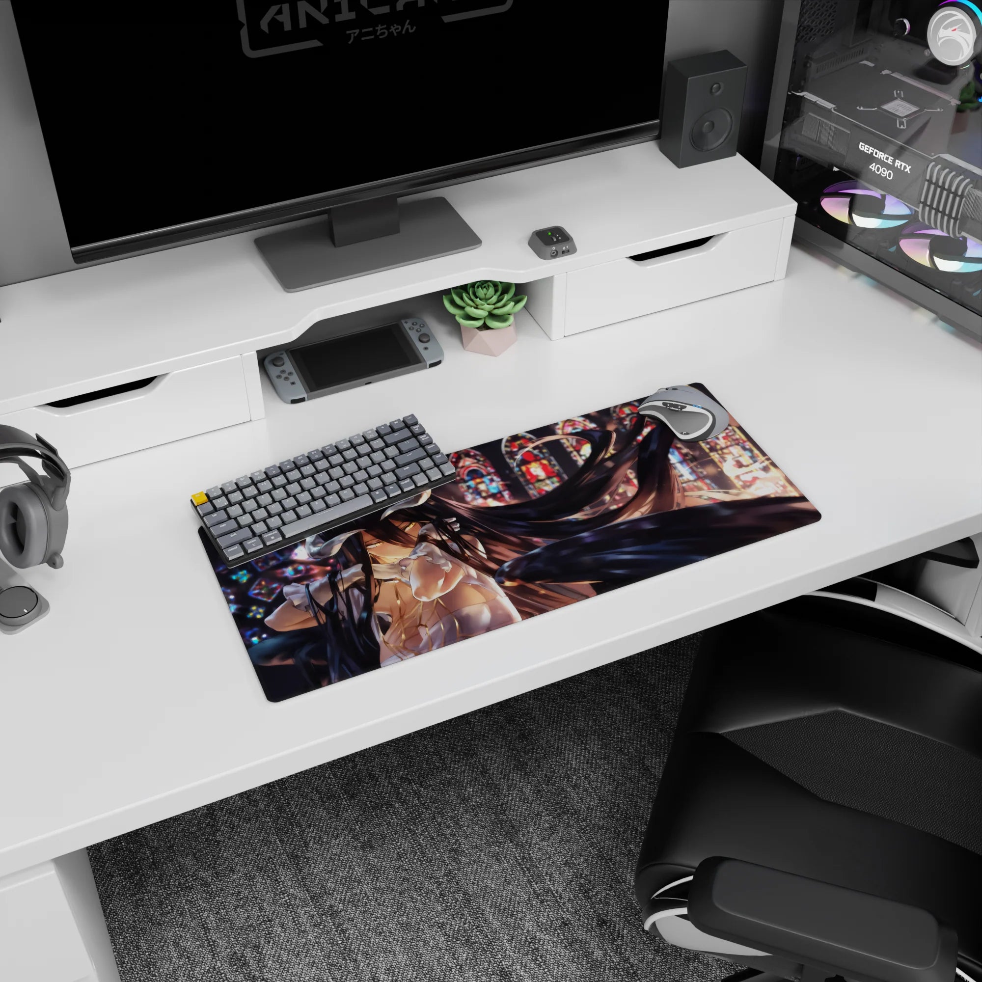 Albedo anime mouse pad, 28x12 inches, features her in stained-glass light, golden eyes, black wings, divine and deadly design.