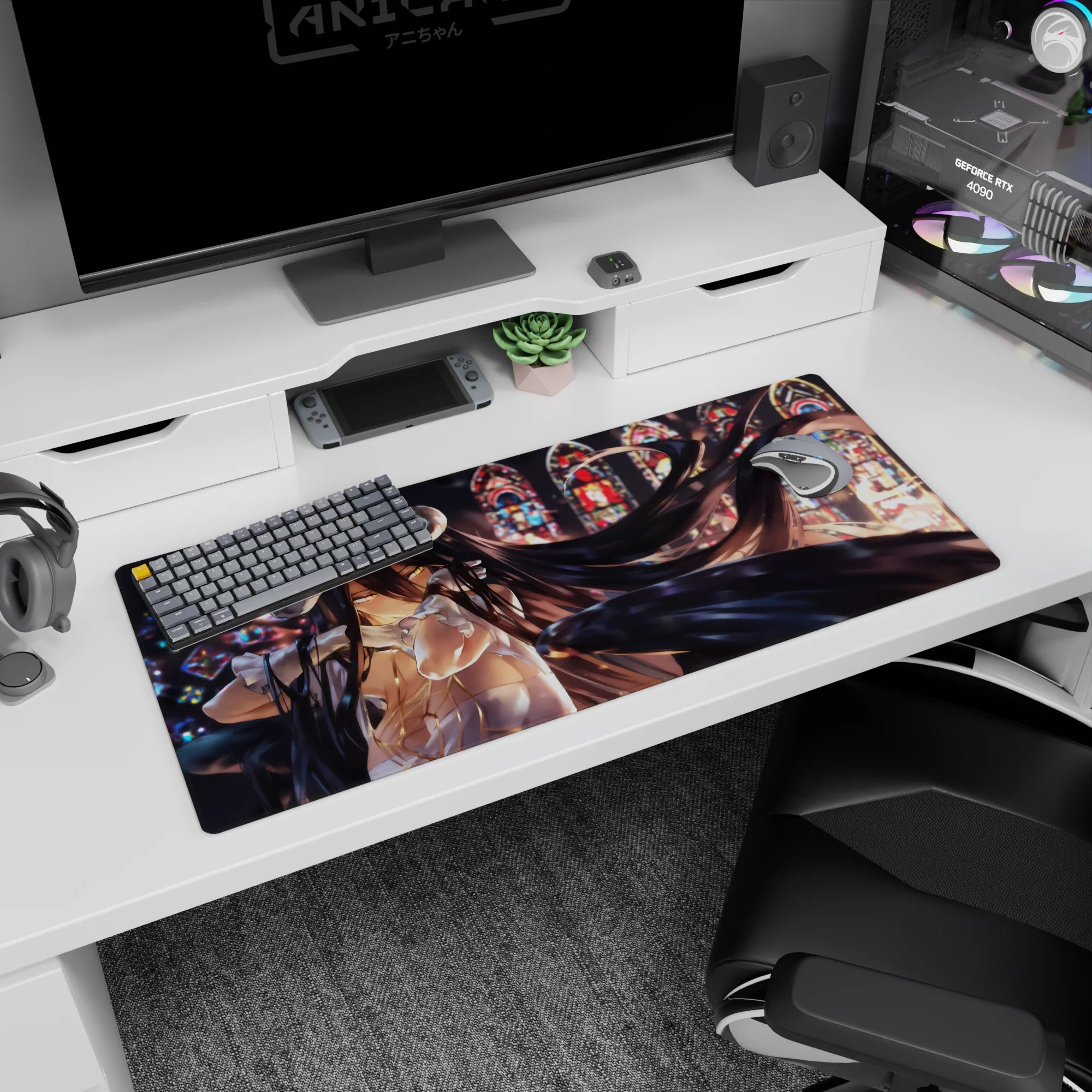 Albedo from Overlord anime on a 36x16 inches desk pad, featuring her golden eyes and black wings in a stained-glass style.
