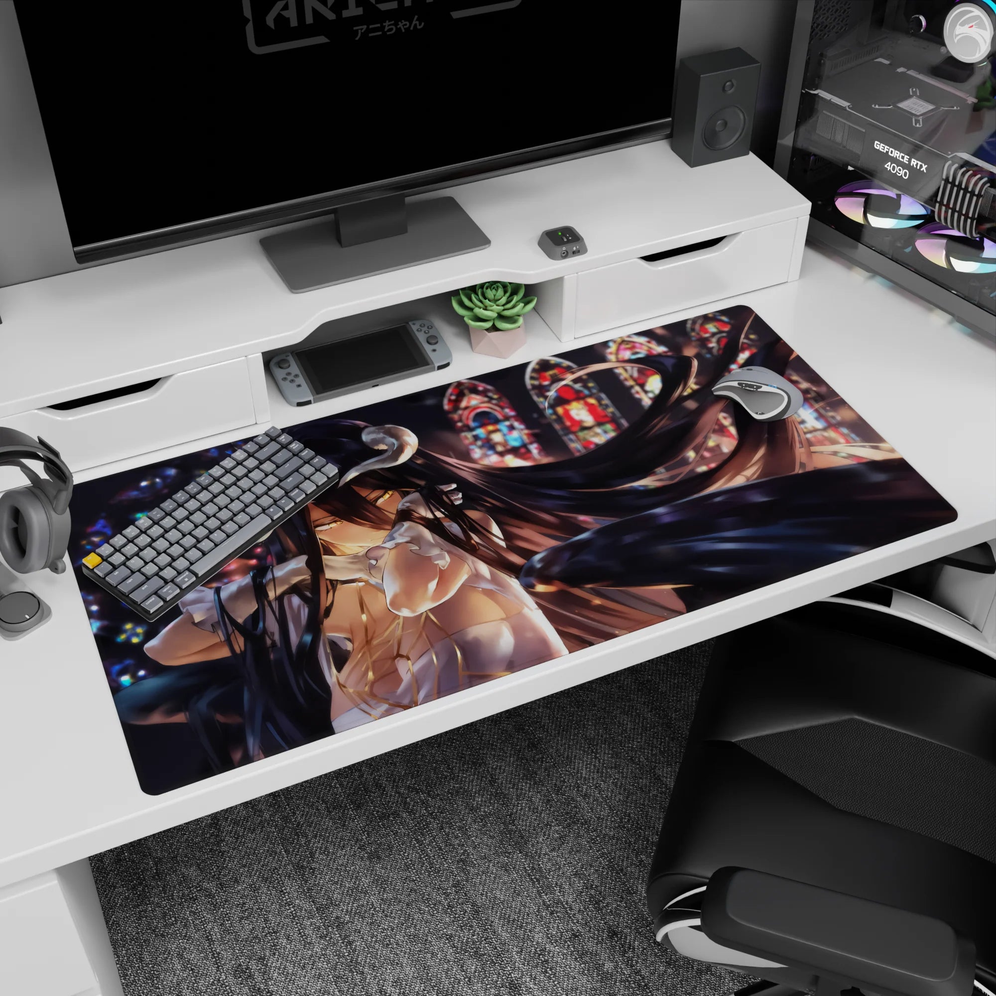 Albedo in stained-glass light on 40x20 inch anime desk pad; golden eyes, black wings, divine and deadly ambiance.