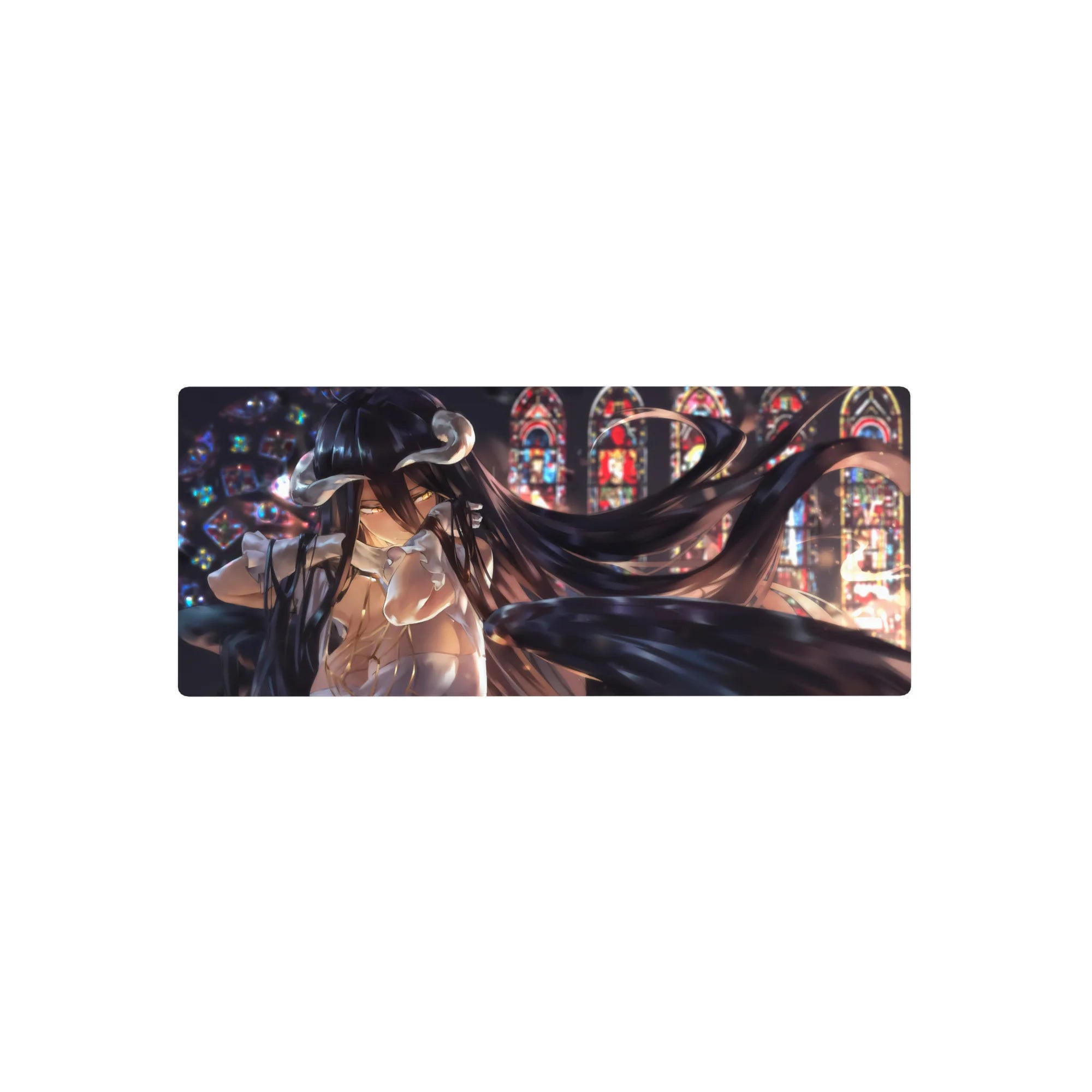 Anime mouse pad 28x12 inches featuring Albedo with golden eyes, black wings in stained-glass art, combining elegance and mystery.