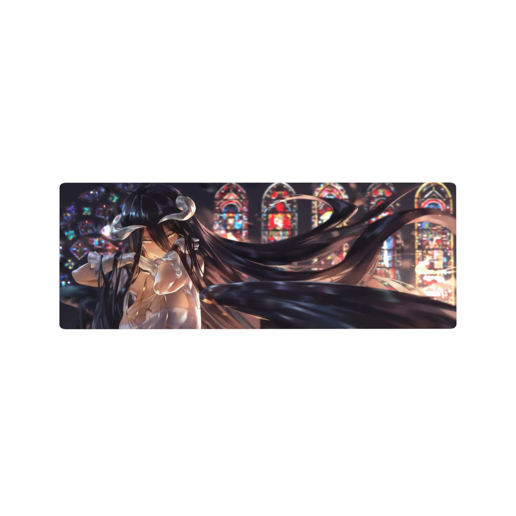 Anime mouse pad featuring Albedo from Overlord, size 32x12 inches. Captures her elegance with stained-glass light.
